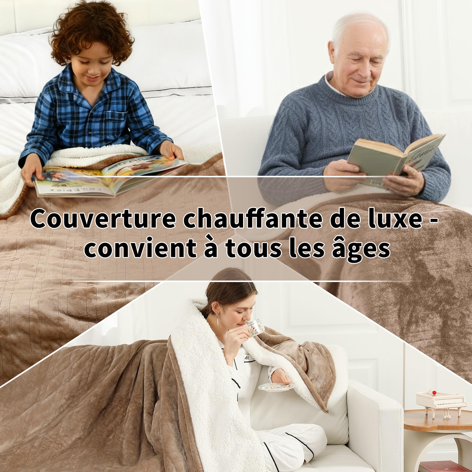 ESTINGO Plaid Chauffant 180x130cm, Couverture Chauffante 1 Personne, Beige‌ | Confort Douillet en Flanelle et Sherpa, 6 Réglages de Chaleur, Arrêt Auto après 10h, Lavable en Machine, Pour Lit ou Canapé