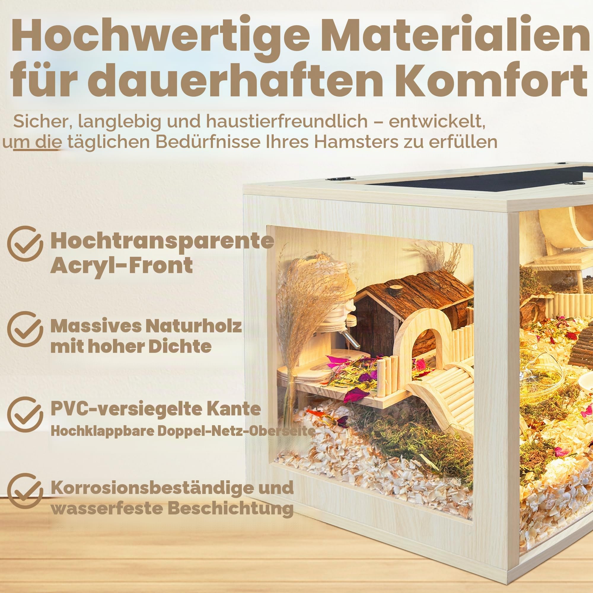 Prolee Hamsterkäfig, kaufestes Holz, Hamstergehege, offene Oberseite mit gebogenem Design, wasserdichter Kleintierkäfig mit Acrylplatten für Rennmäuse, Hamster-Habitat (61 cm)