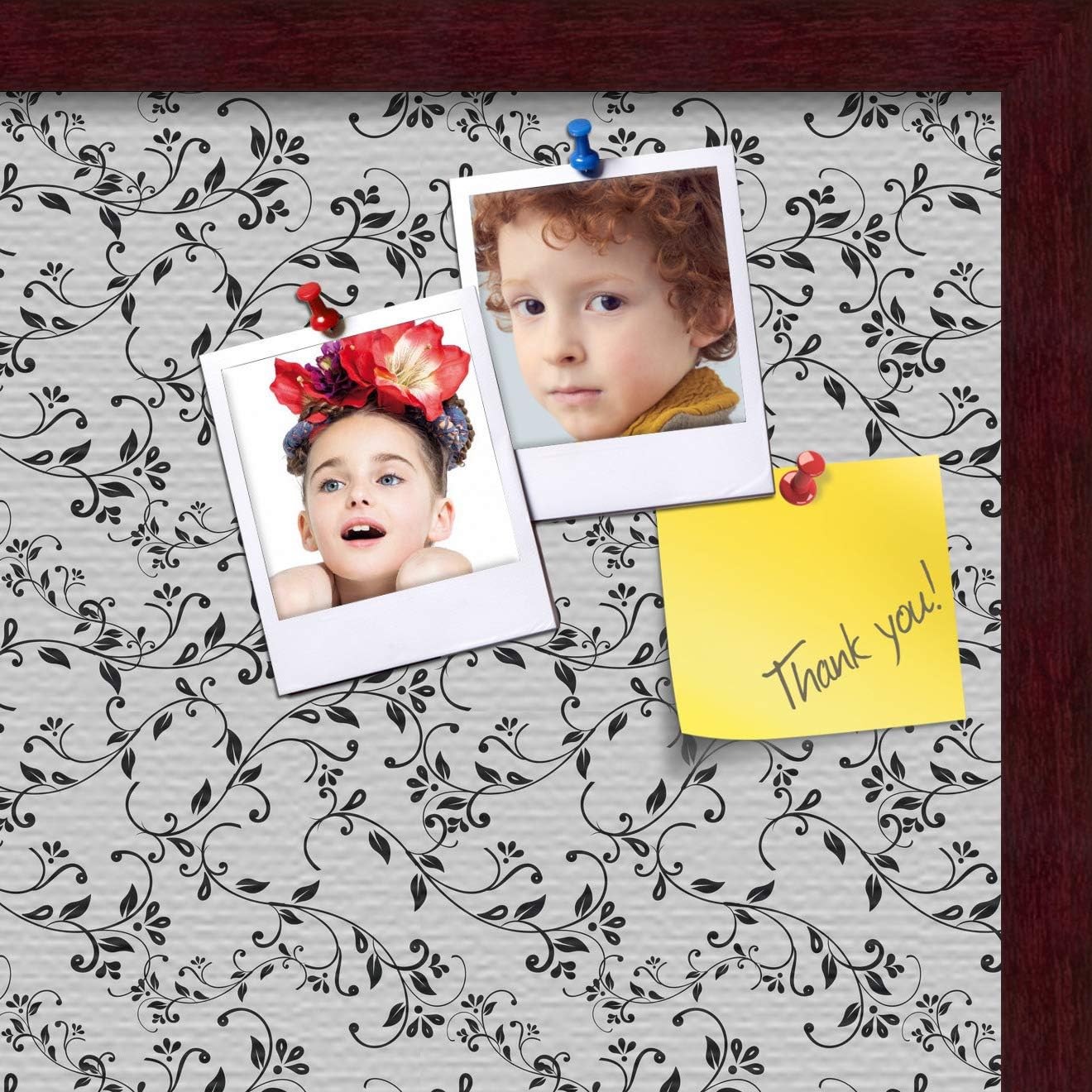 ArtToFrames 20x20 Custom Cork Bulletin Board. This Floral Design Black Flowers and Leaves Pin Board Has a Fabric Style Canvas Finish, Framed in Mahogany (PinPix-178-20x20_FRBW26039)