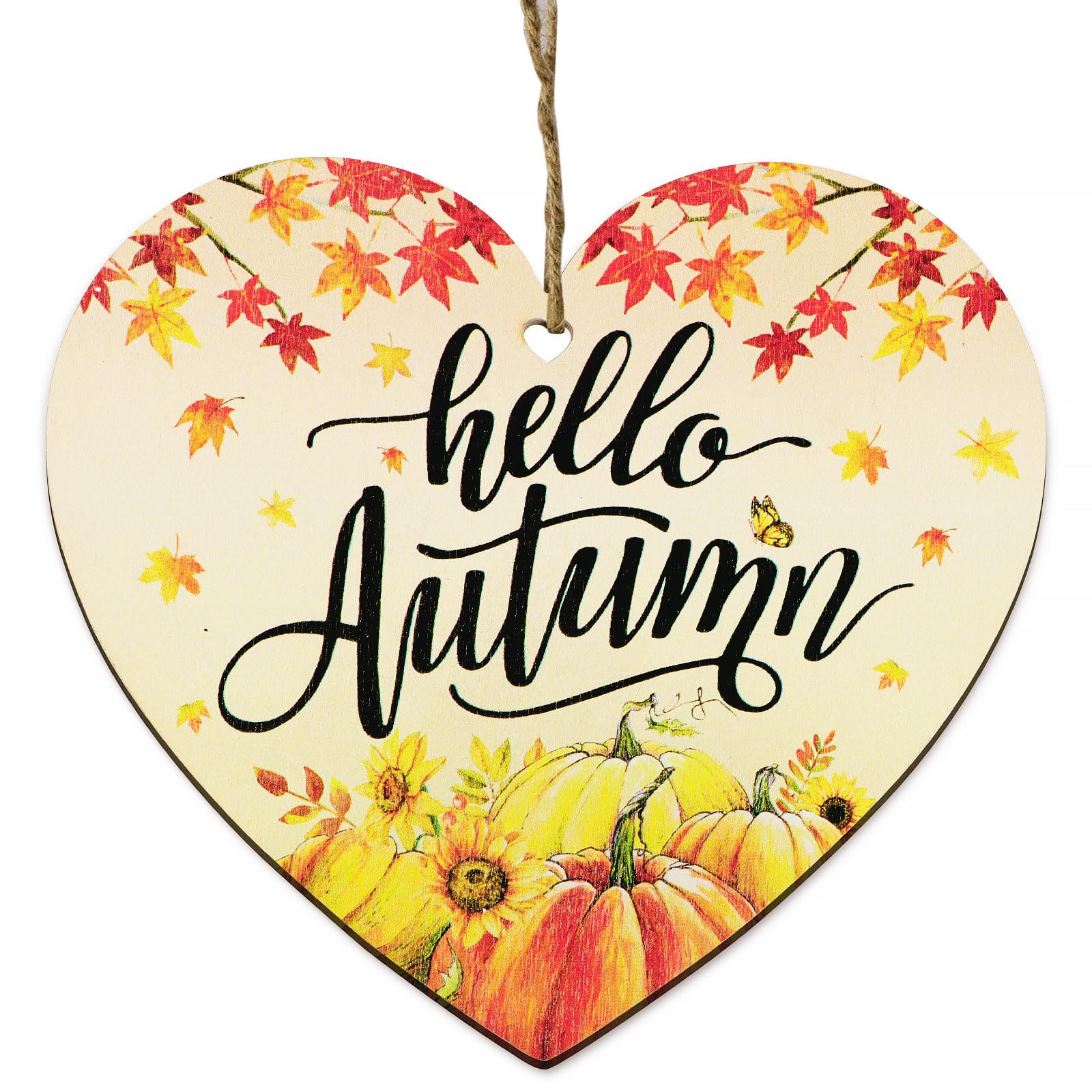 Hello Autumn Double-sided Wooden Sign Plaque 4.6x5 Inches Heart Shaped Hanging Plaque Maple Pumpkin Sign Hello Autumn Gifts House Decor for Thanksgiving and Autumn