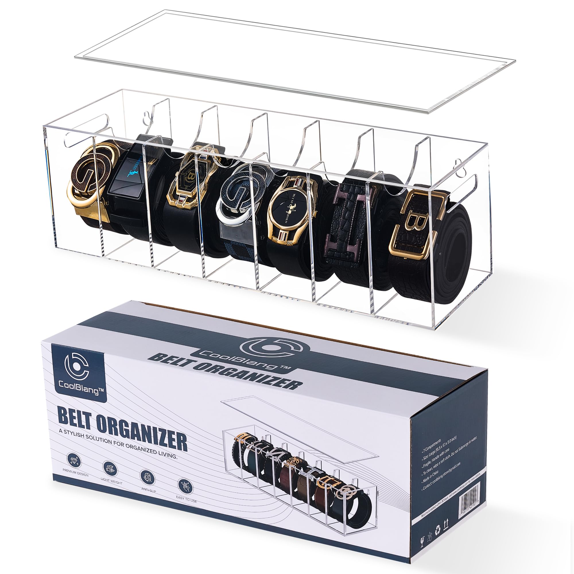 COOLBLANG Belt Organizer, Acrylic Belt Storage for Closet with Dust Cover, Clear Belt Container Display Holder for Drawer, Clear Belt Tie Case Hanger 7 Compartments For Men Women