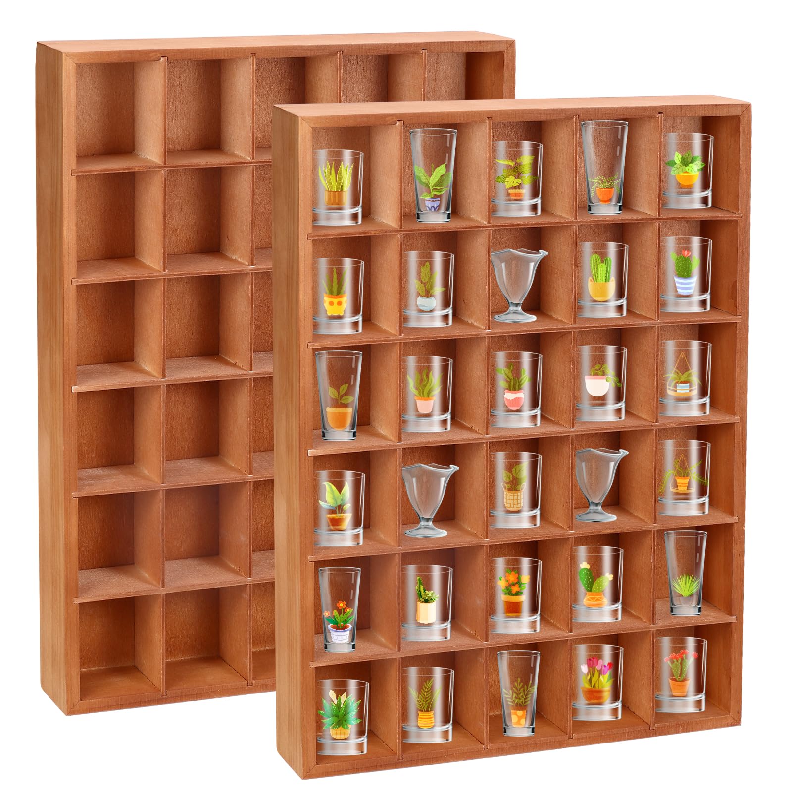 2 Pcs Shot Glass Display Case Brown Wooden Shot Glass Holder Display Wall Mounted Shadow Box with Removable Shelves Shot Glasses Shelf Glass Rack Thimble Display Case Shot Glass Storage Case, 30 Slots