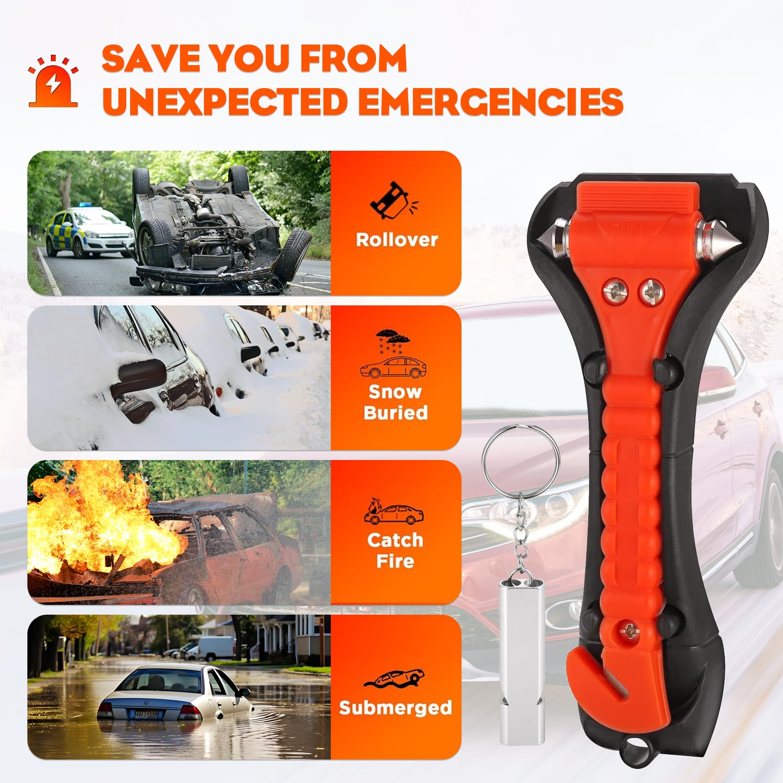 Martillo De Emergencia Para Coche Con Cortacinturón Y Rompevidrios - Multifuncional, Incluye Cristal De Prueba Y Base