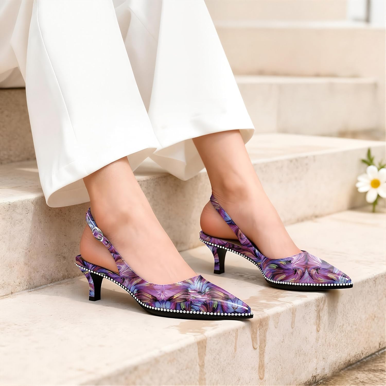 AUMOTED Women's Slingback Kitten Heels Pointed Toe Stiletto Low Heel Ankle-Strap with Beaded Pumps Dress Shoes 1.6 Inches - Image 3