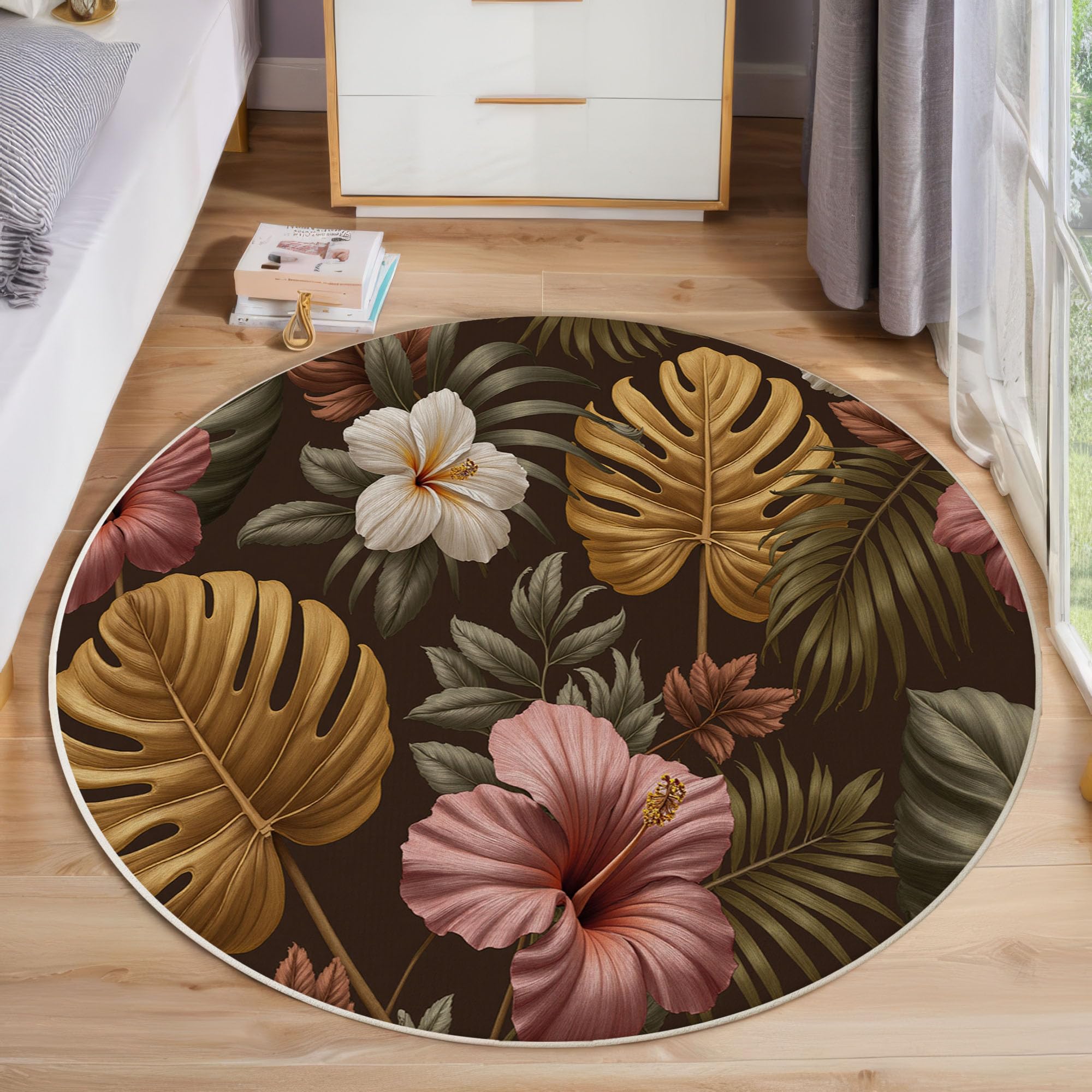 Tapis rond hibiscus de bohême lavable et doux pour éliminer les sols froids