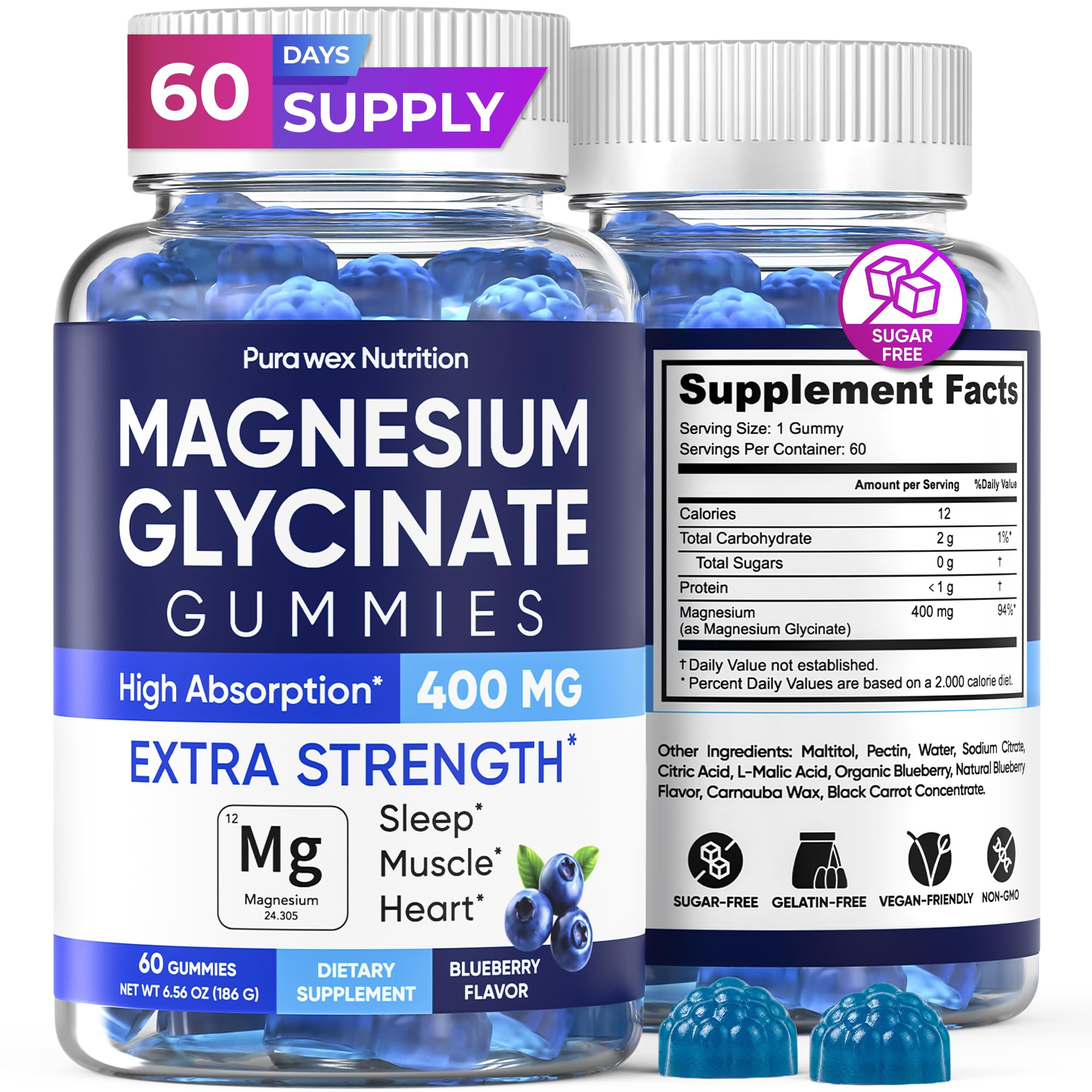 Magnesium Glycinate Gummies 400mg Extra Strength, Blueberry Flavor (60 Count) - High Absorption Supplement for Adults, Teens, Kids, Women & Men, Muscle & Relaxation, Sugar-Free Vegan Chews 1Pack (Blueberry )