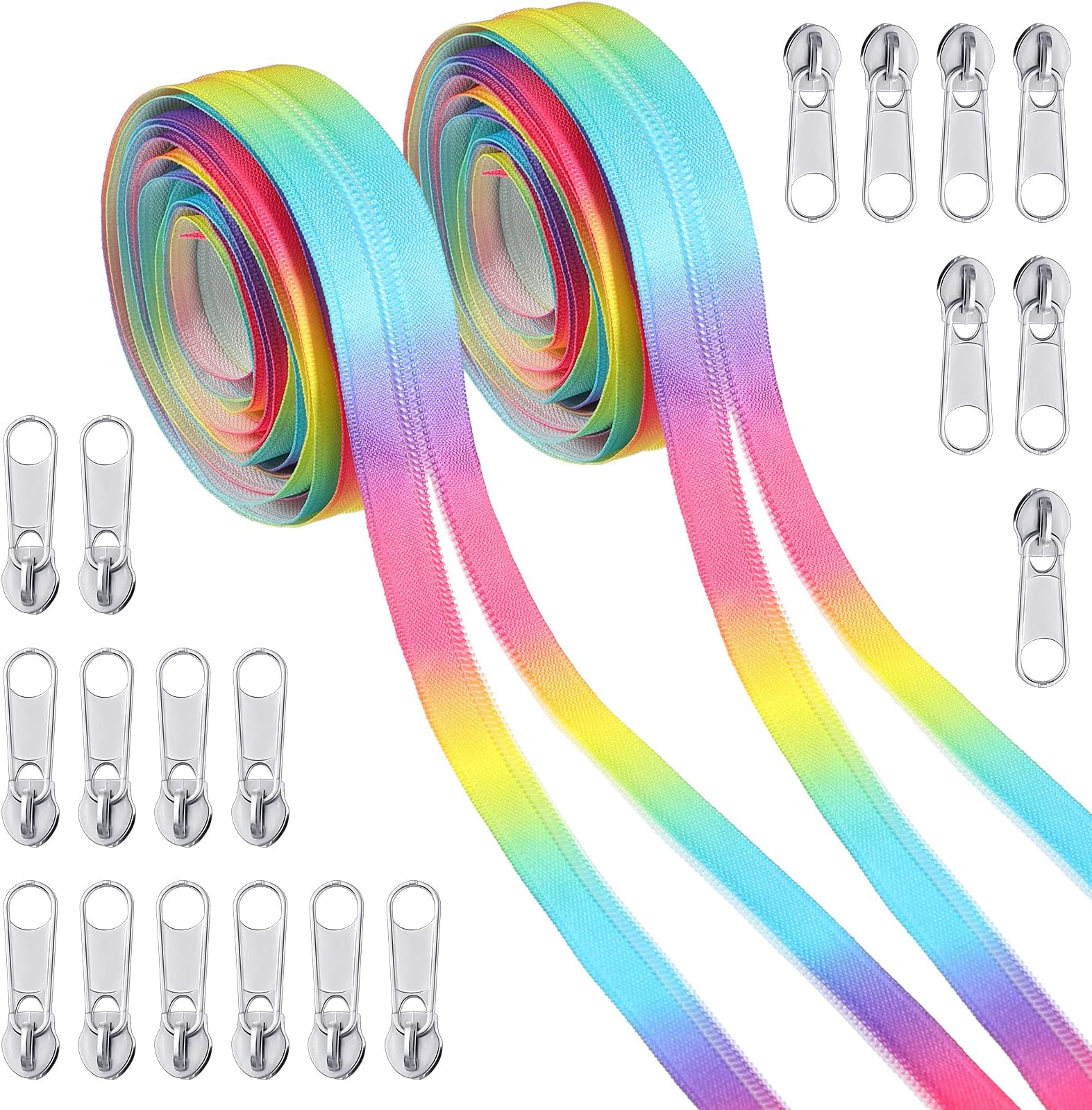 2 Rolls Number 5 10 Yards Nylon Coil Zippers and 20 Pieces Silver Zipper Pulls Rainbow Color Coil Zipper by The Yard Long Zippers Metal Zipper Sliders Zipper Pull Replacement for Tailor Sewing Crafts