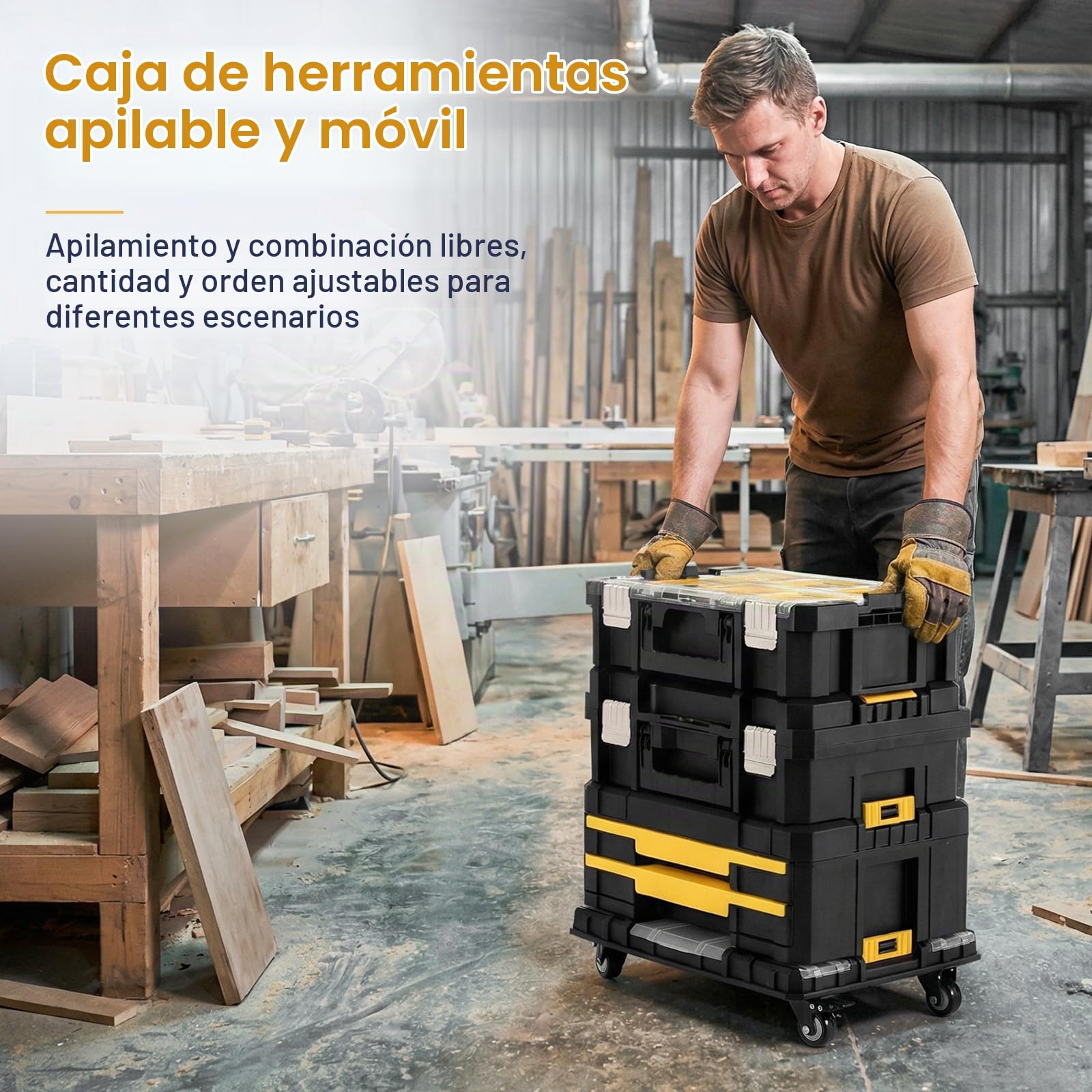 Caja de Herramienta 4 en 1, Carro Modular de Apilamiento con Ruedas, Cajones y Cierres de metal, Organizador de Taller para garaje y hogar, Carga 203kg, 44,5 x 35 x 52 cm