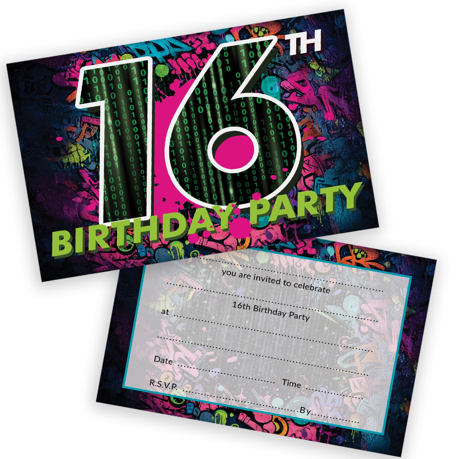 Stuff4 Playful 16th Birthday Party Invitations - Bring the Party Vibes - Bold Digital Graffiti Design in Neon Pink, Green and Purple - 20 Pack, Envelopes Included