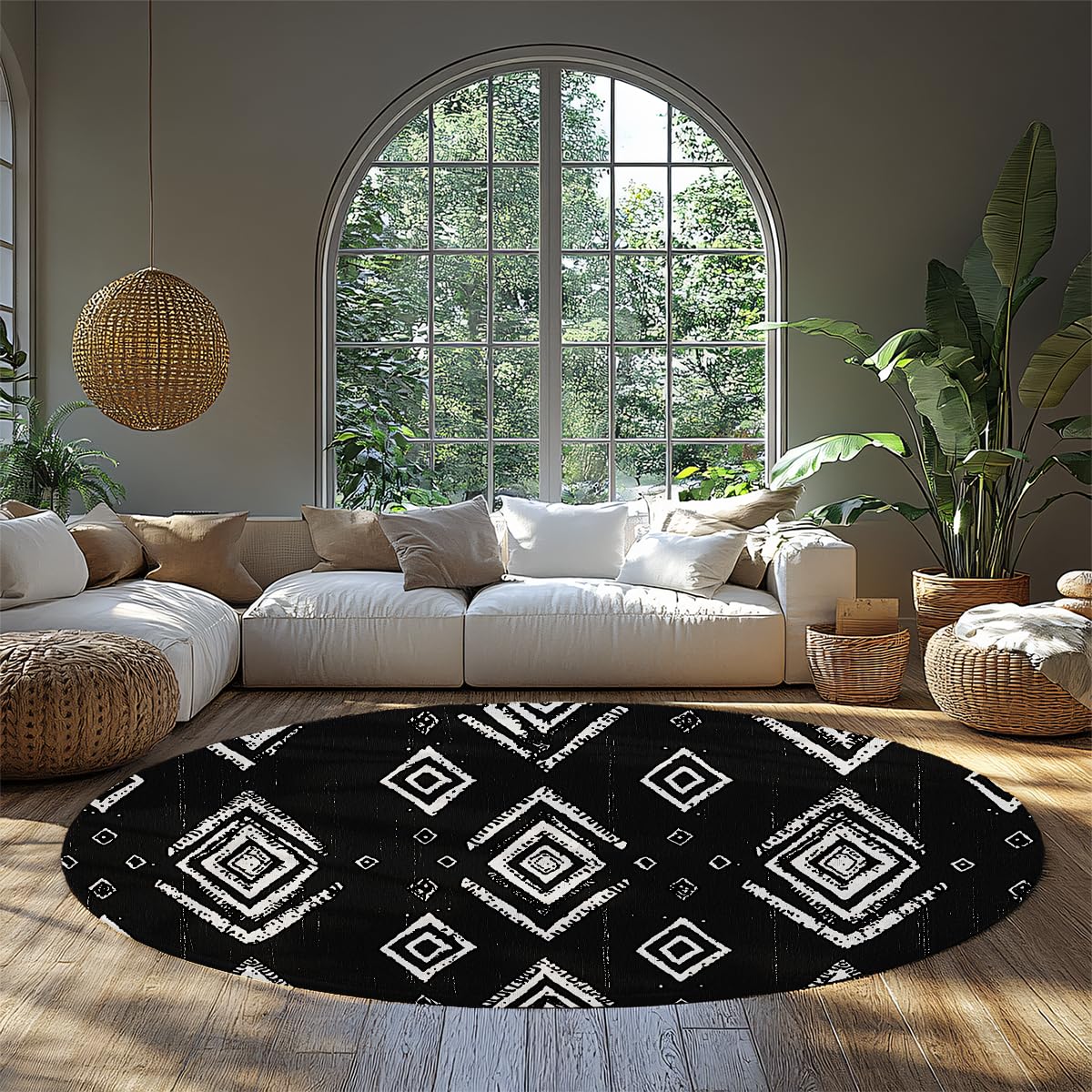 Tappeti rotondi da fattoria Tappeto geometrico minimalista Aztec Circle Area tappeto lavabile in lavatrice Tappeto sottile antiscivolo per soggiorno Camera da letto Ufficio 200cm
