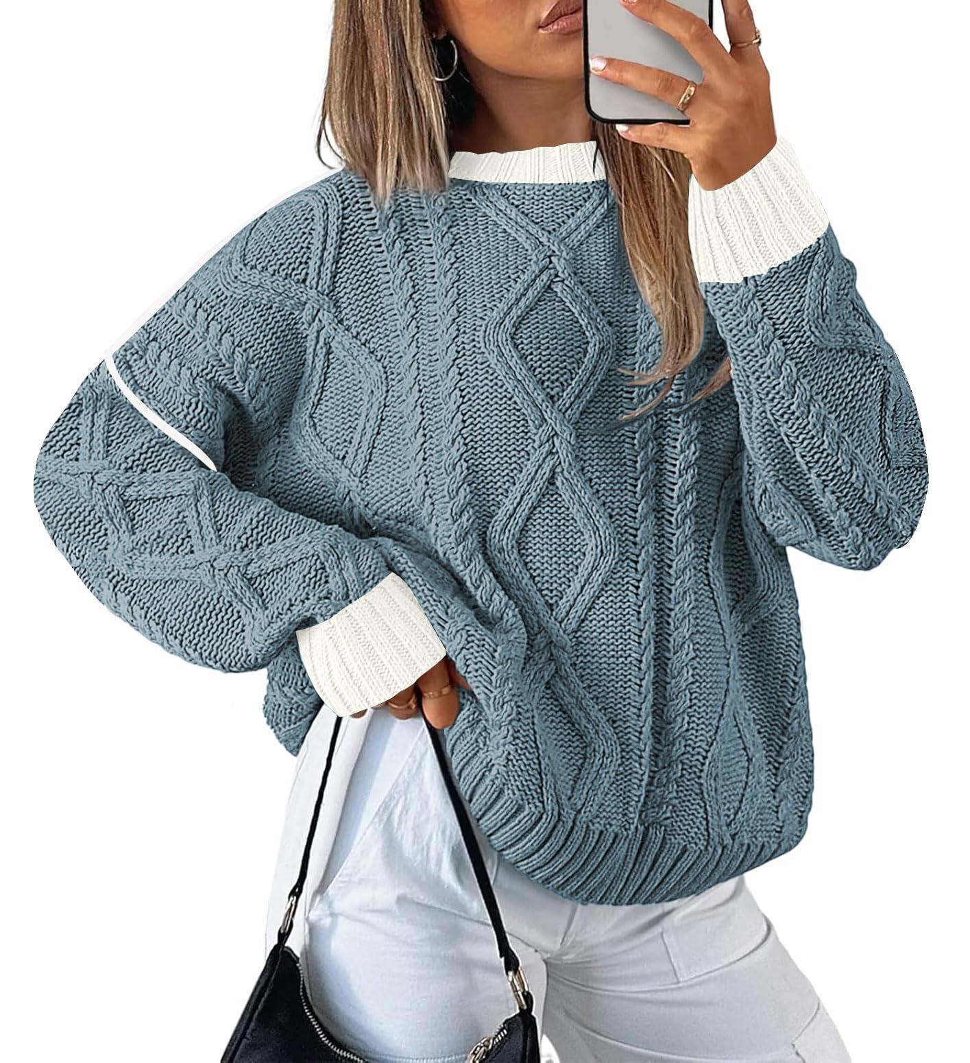 Disamer Womens Sweaters Oversized Cable Knit Sweater Fall Clothes 2025 Fashion Outfits Long Sleeve Crewneck Chunky Pullover