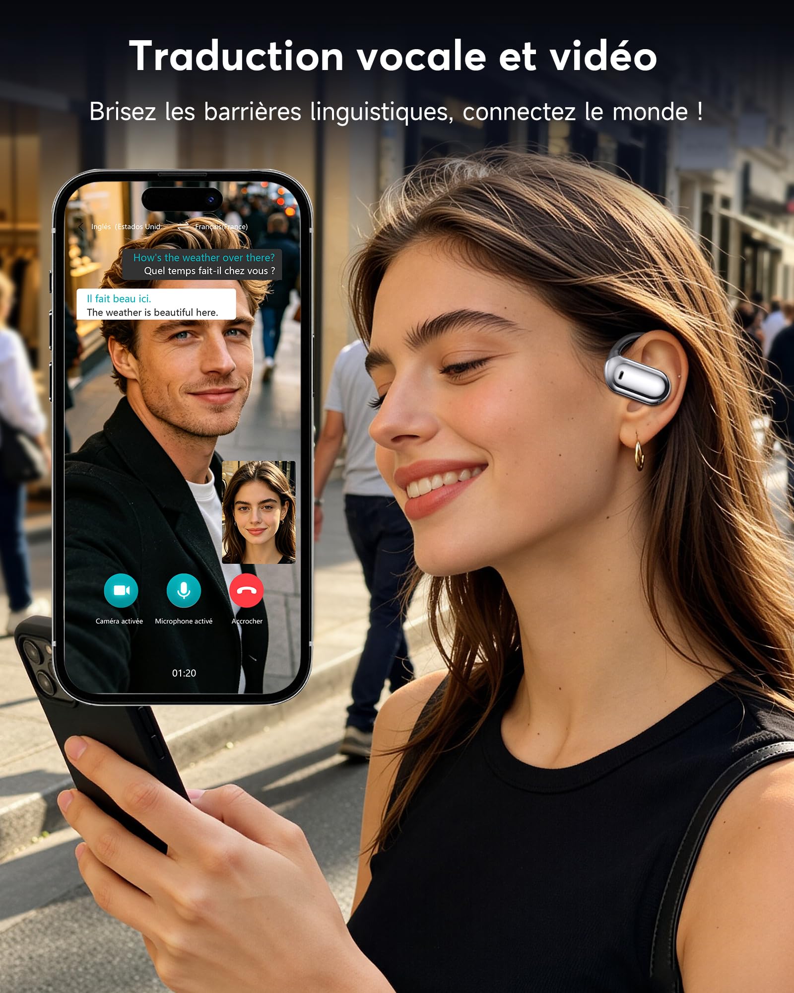 AI Ecouteur Traducteur Instantané Bluetooth 6.1, 3 en 1 198 Langues 8 Modes Traduction avec APP, 80H Oreillette Noir