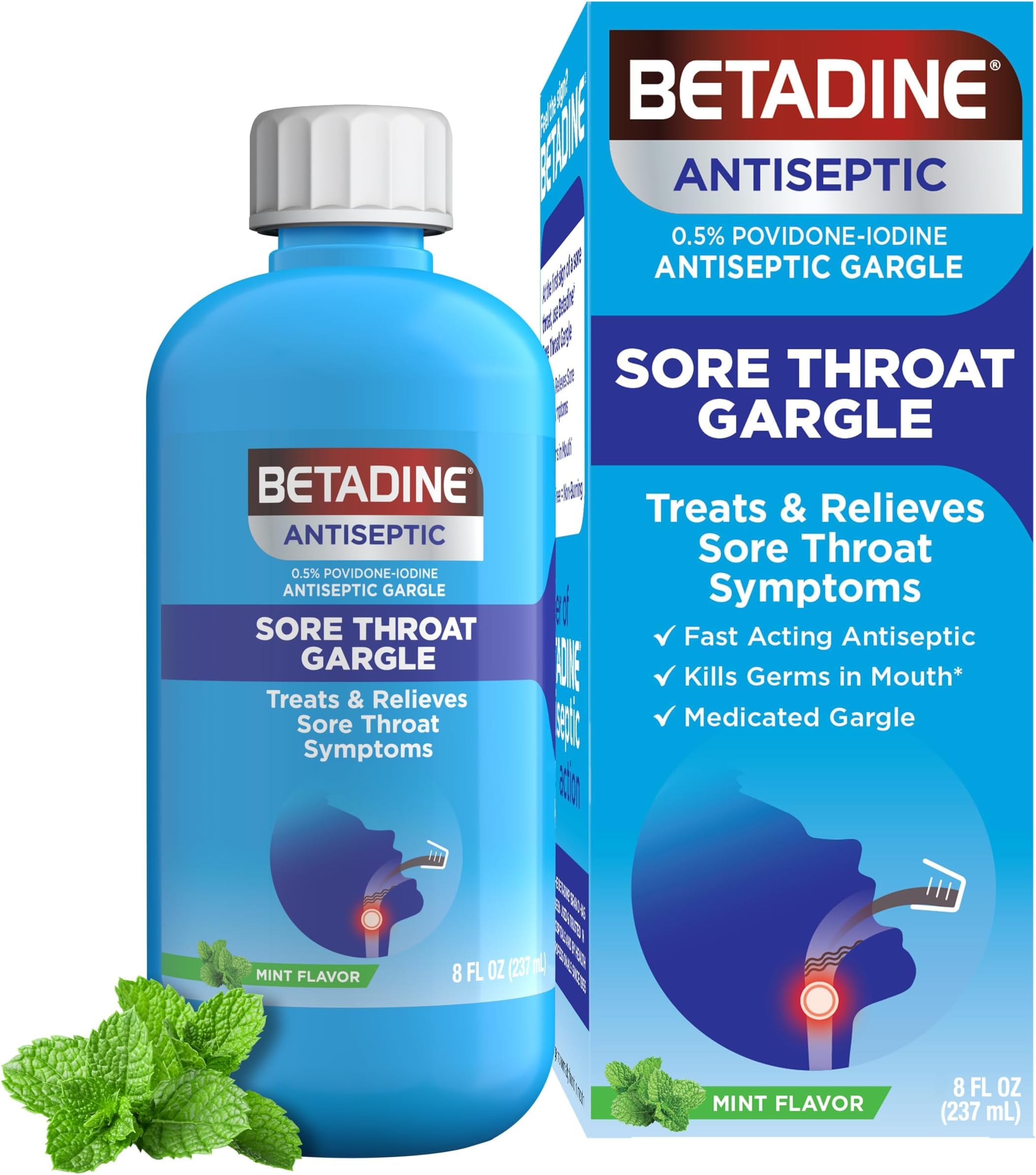 Betadine Sore Throat Relief Gargle, 8 Oz, Fast Acting Antiseptic with Povidone-Iodine 0.5%, Sore Throat Medicine, Mint Flavor (Pack of 12)