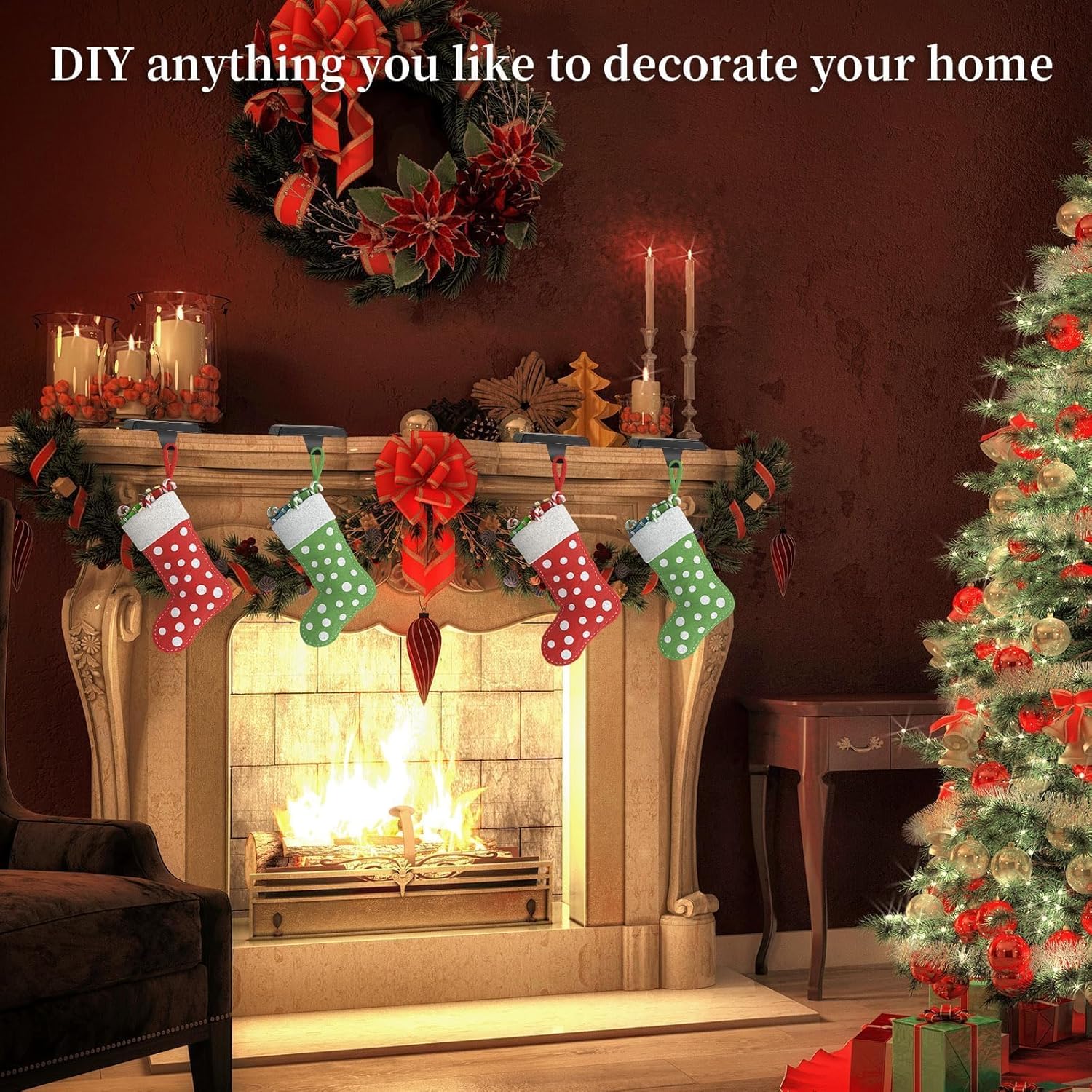 8 Pack Christmas Stocking Holders, Metal Mantel Hangers with Anti-Slip Base for Fireplace Decorations (Black-8)