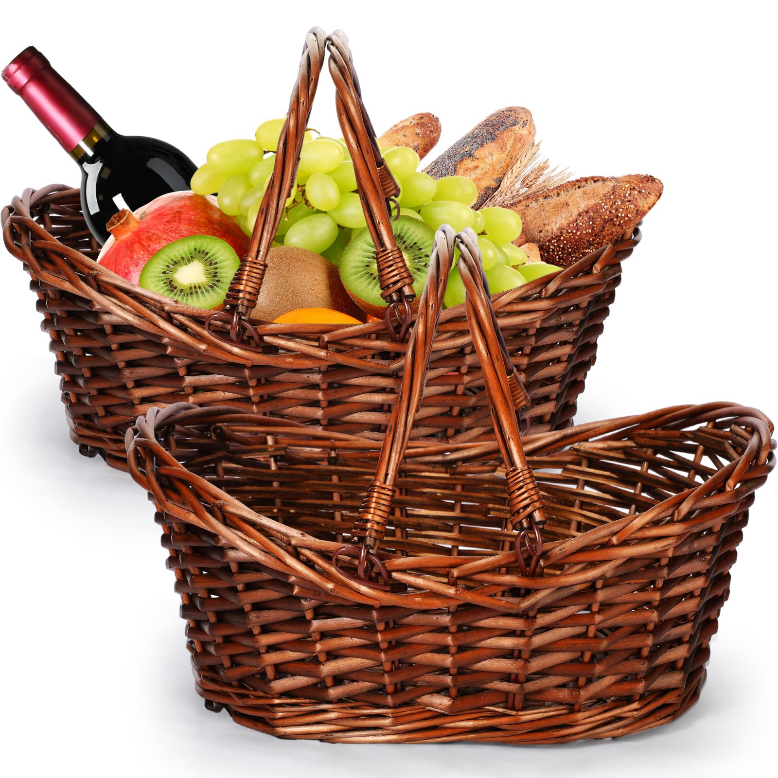 Yungyan 2 Pcs Wicker Basket with Handle Dark Brown Gift Baskets Empty Hand Woven Harvest Basket Wicker Picnic Basket Flower Basket Storage Basket Wedding Basket for Easter Egg Gathering, 16'' x 6.5''