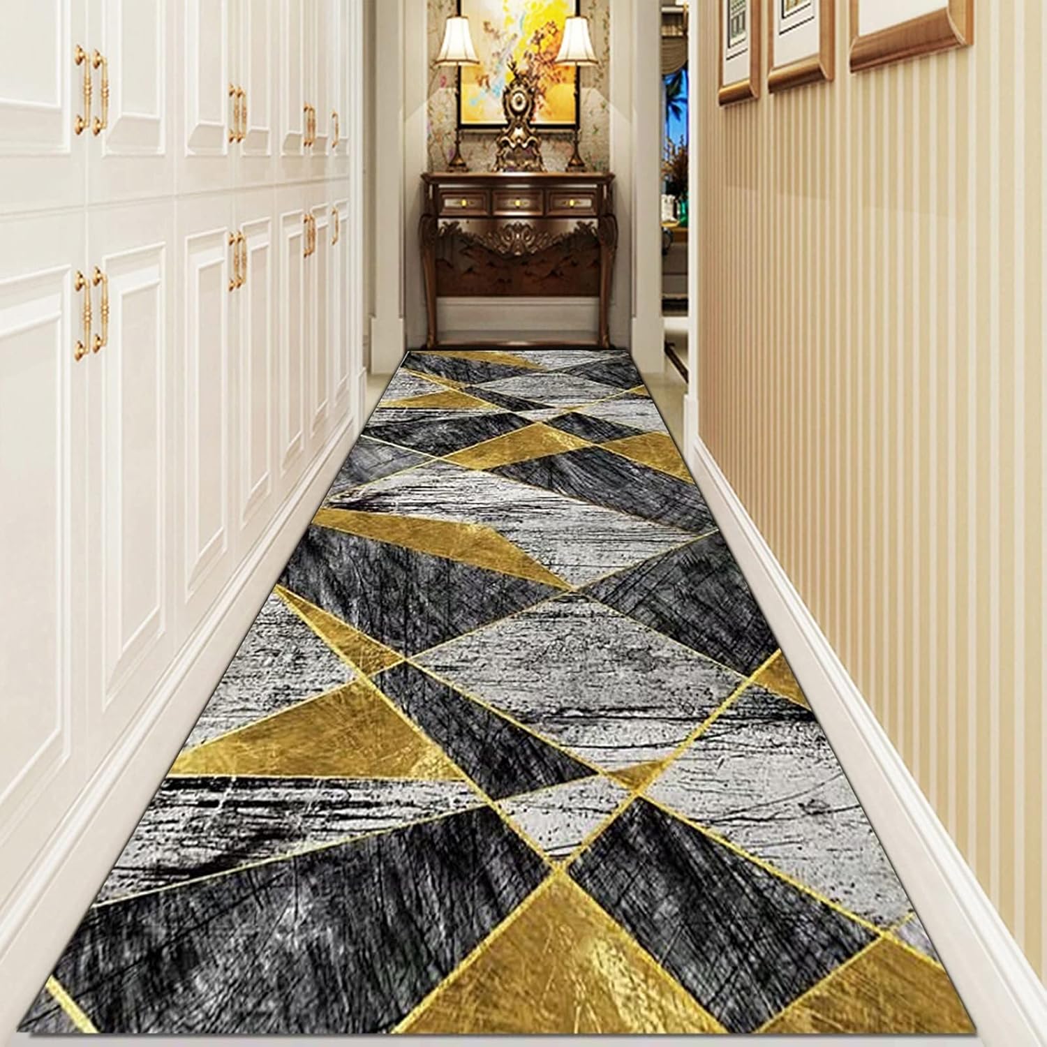 狭い廊下用ランナーラグ - ブラックグレーゴールド幾何学模様カーペット キッチン階段＆通路用 - 80x450cm (2.6フィート