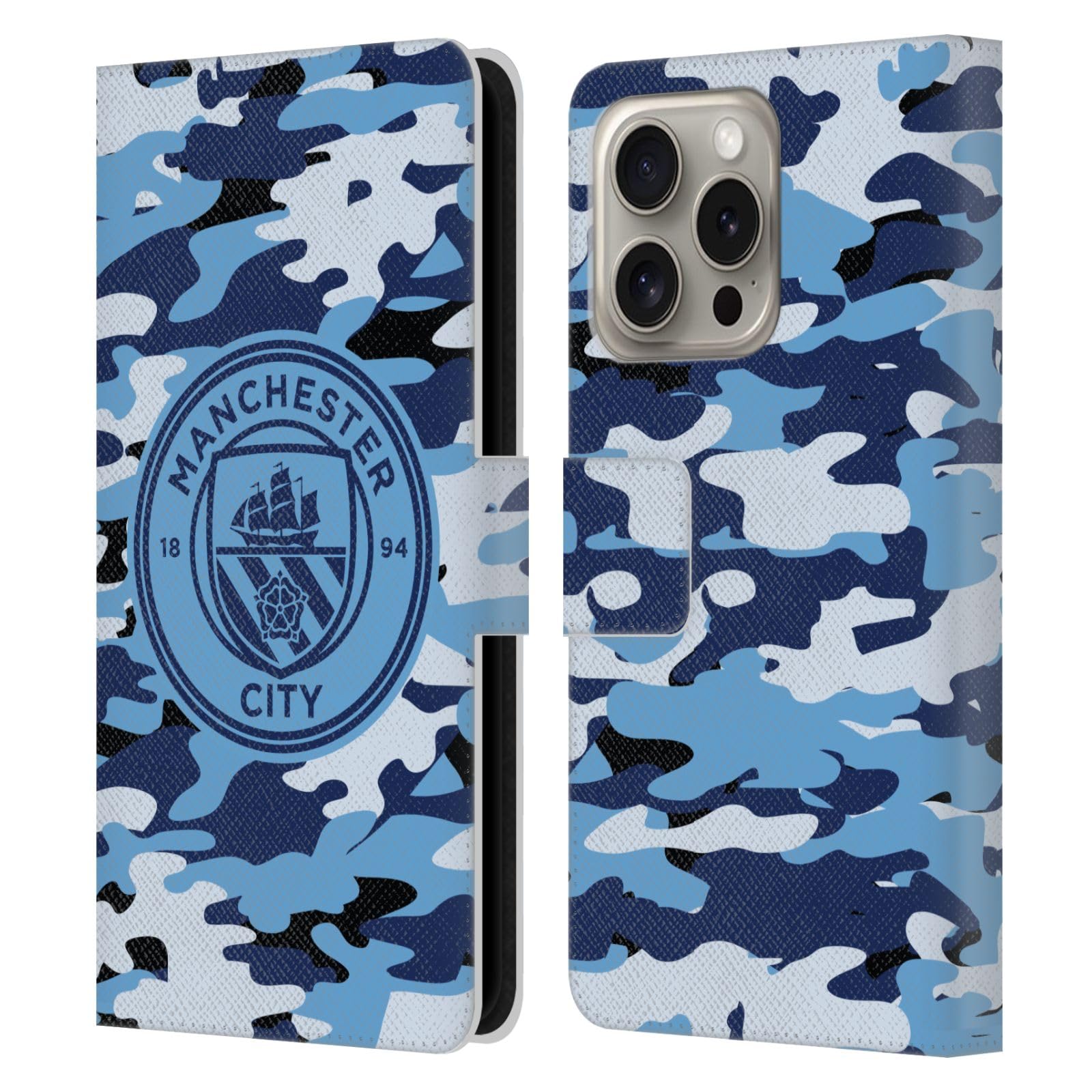Head Case Designs Officially Licensed Manchester City Man City FC Blue Moon Mono Badge Camou Leather Wallet Case Compatible With Apple iPhone 16 Pro