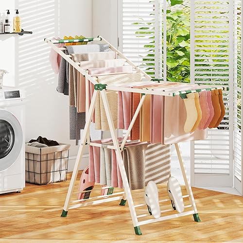 Miniatura 7 de Giantex Tendedero de secado de ropa, plegable de metal con alas ajustables en altura, 16 rieles de secado, clips para calcetines y zapateros,