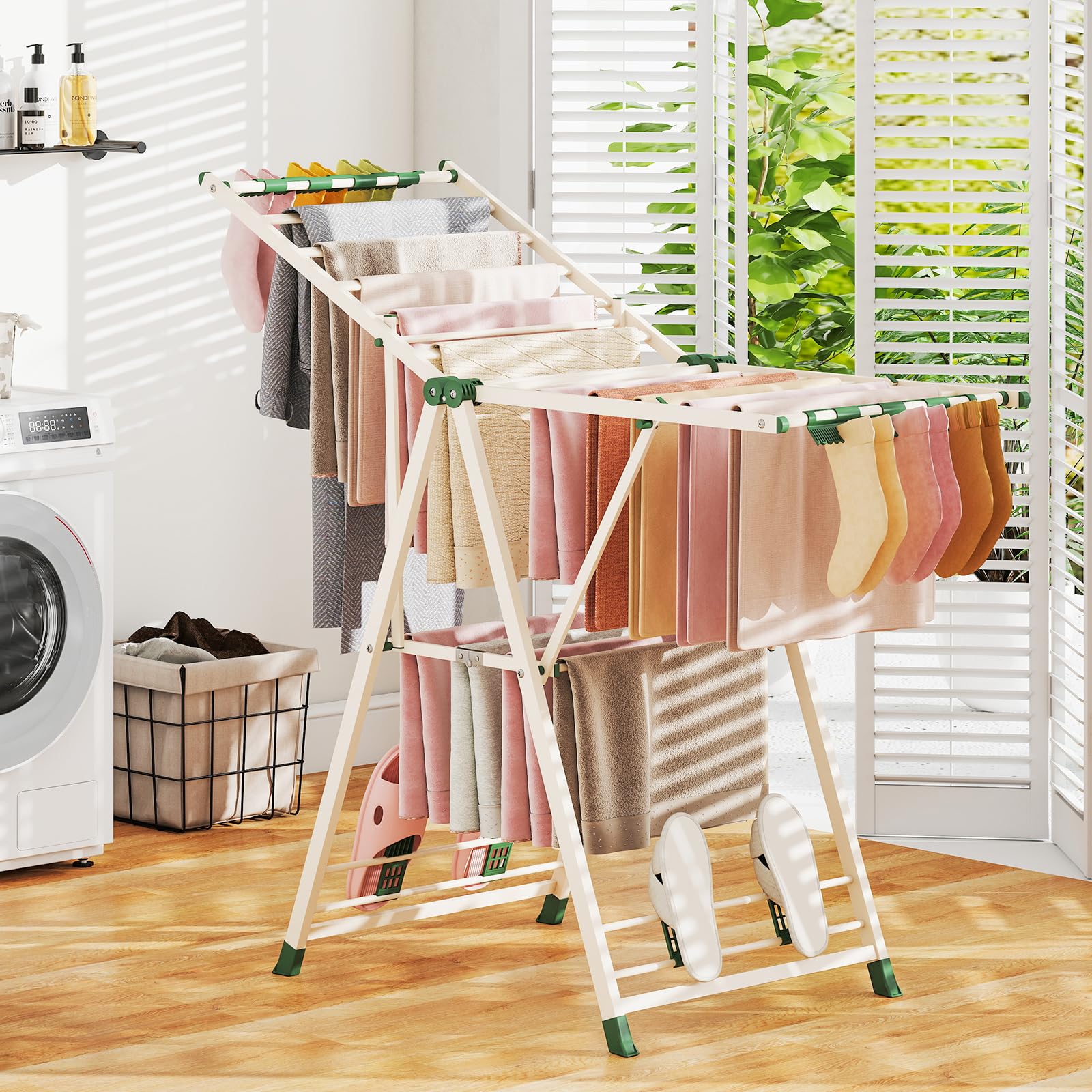 COSTWAY Wäscheständer klappbar mit verstellbaren Flügeln, Sockenklammern & Schuhablage, Wäschetrockner ausziehbar, Trockenständer freistehend für die Wäsche drinnen & draußen (Beige,141cm)