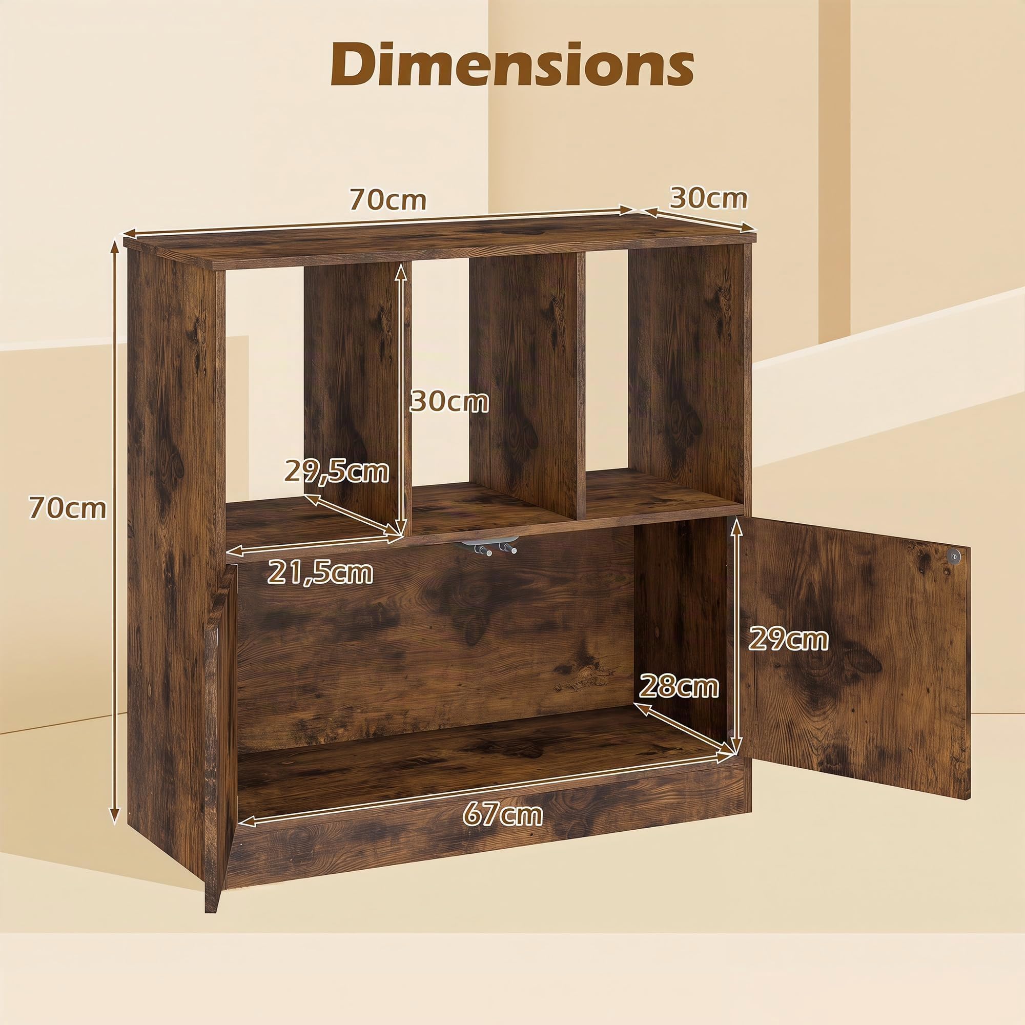 KOMFOTTEU Bibliothèque Bois, Armoire à 2 Porte & 3 Étagères Ouvertes Marron
