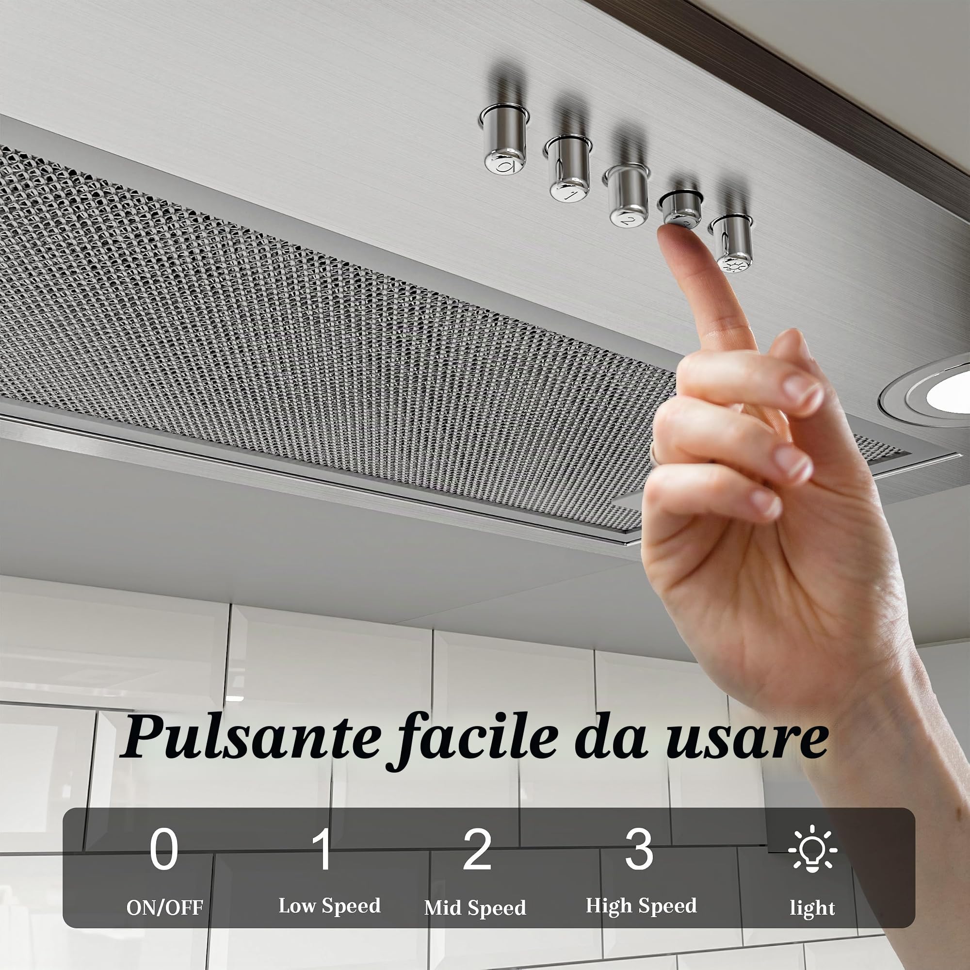 FIREGAS Cappa Aspirante a Incasso 52cm, Aspiratore Silenzioso con Motore ad Alta Efficienza, Classe Energetica A, 590m³/h, 3 Velocità, Illuminazione LED, Filtro a Carboni Attivi