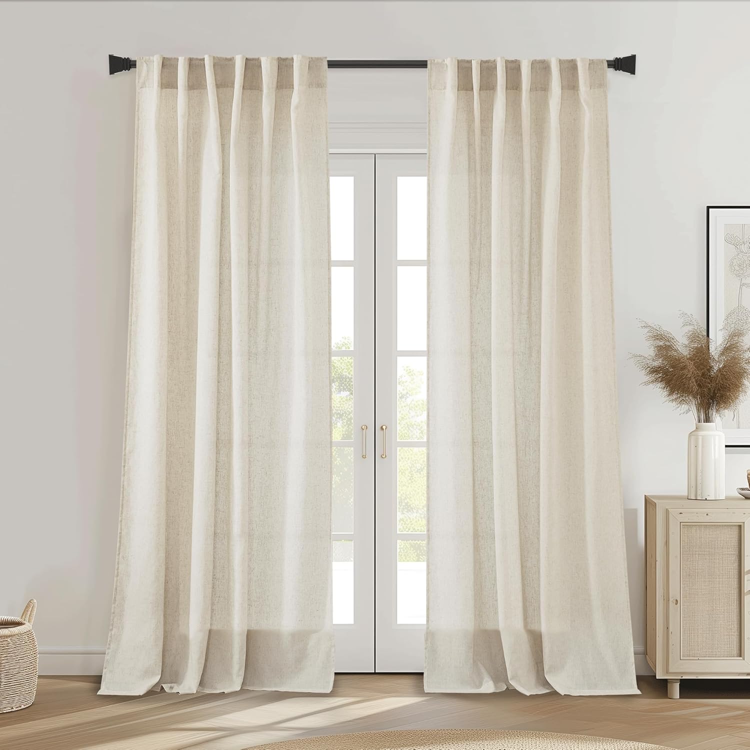 Natural Linen Curtains 108 inches Length Extra Long Curtain for Living Room Back Tab loop Pocket Soft Textured Semi Sheer Linen Drapes for Large Window Vertical 9 FT Tall, 55 Wide Each Panel, 2 Pieces
