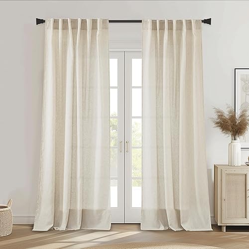 Cortinas de lino natural de 108 pulgadas de largo, cortina extra larga para sala de estar, bolsillo con trabillas traseras, cortinas de lino