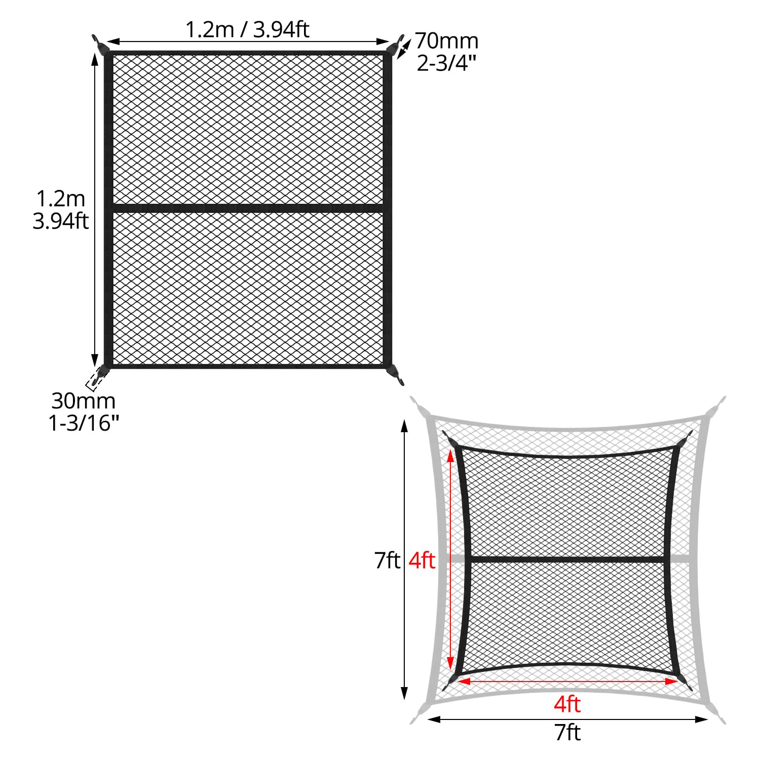 QWORK® Rete di carico altamente elastica per camion, estensibile da 120x120cm a 210x210cm, rete per bagagli auto con ganci, ideale per carichi leggeri