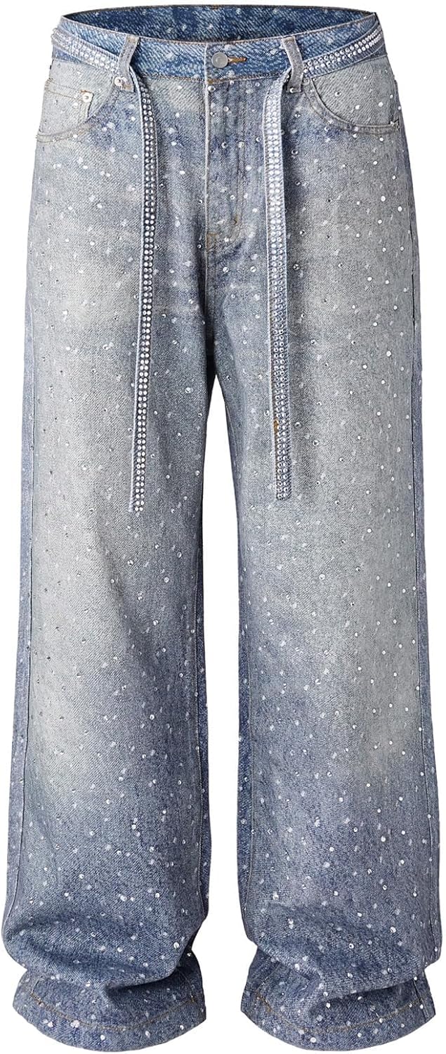 Men Rhinestone Skinny Ripped Jeans Y2k Stretch Slim Fit Stacked Jeans Grunge Denim Pants