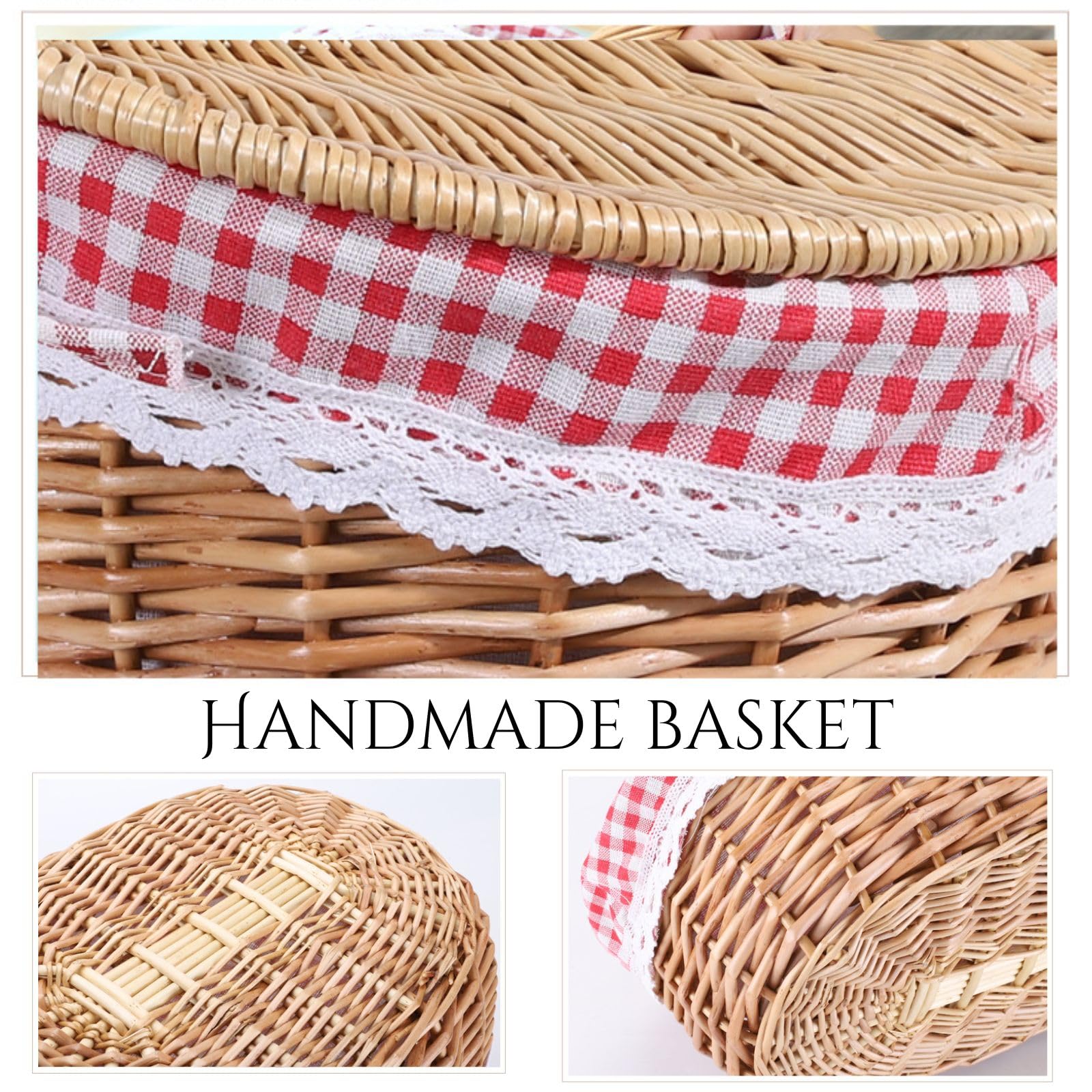 Cestino da picnic con fodera, cestino da picnic in vimini con coperchio, stile vintage, grande cestino intrecciato con doppi manici pieghevoli, per campeggio, San Valentino, ringraziamento (35 x 25 x