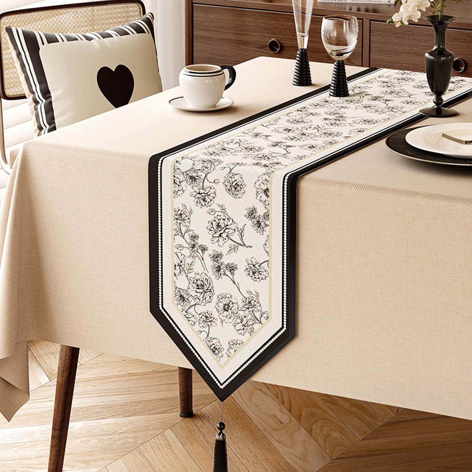 Beige Weiß Schwarz Tischläufer Baumwolle Leinen, Esstisch Tischläufer Abwaschbar Rosenblumen und Blätter Muster mit Quasten Tischdecke für Küche Dekor, 30x240 cm, Beige Weiß Schwarz