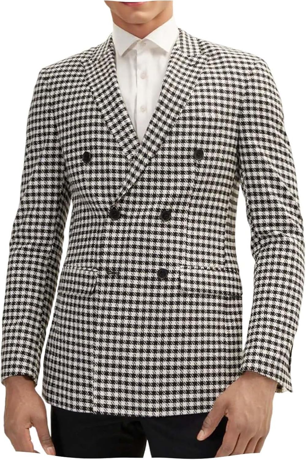 VENNYNG Double Breasted Houndstooth Blazer for Men Tweed Plaid Suit Jacket Formal Dress Coat