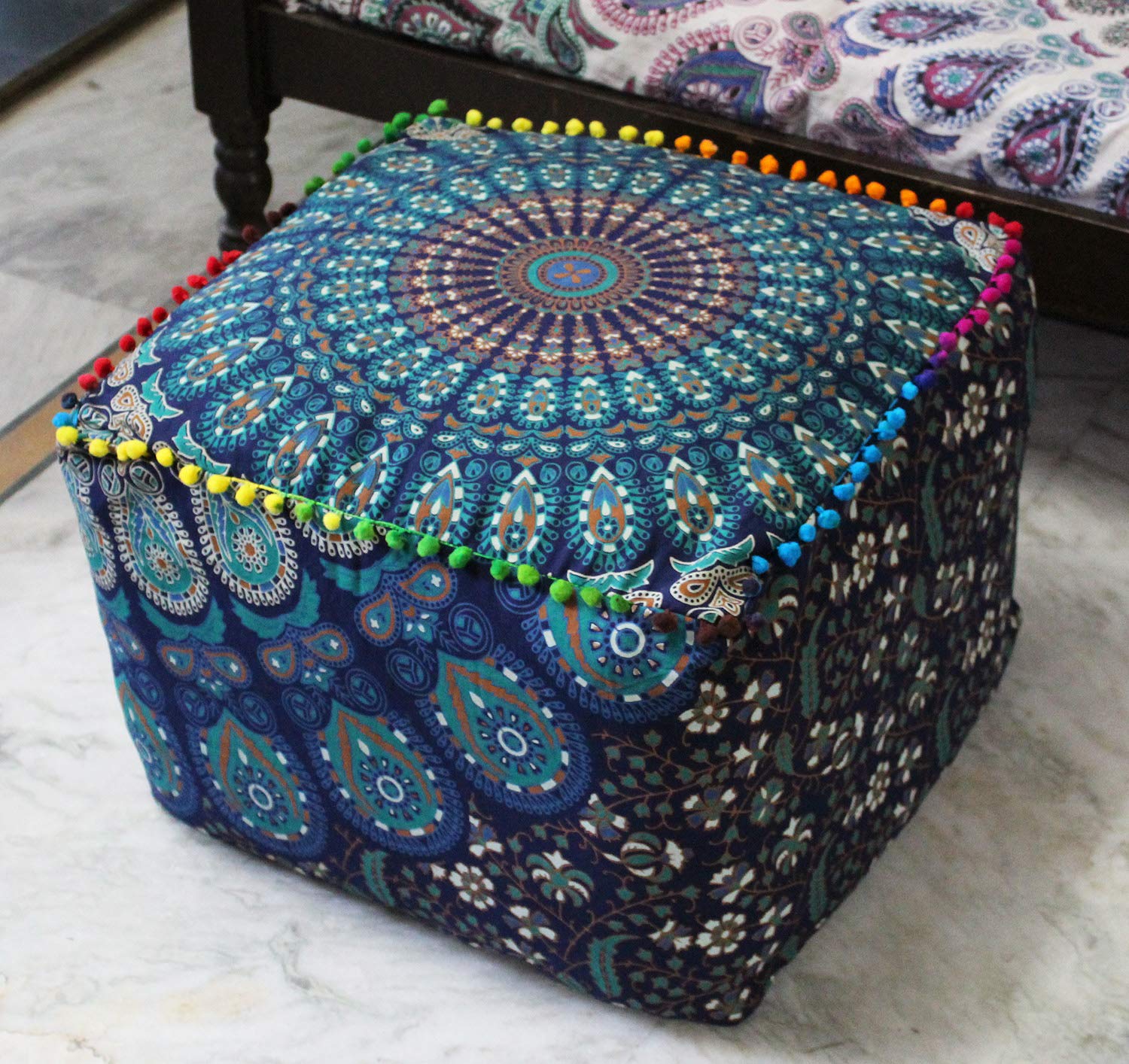CRAFT KALA Indian Square Patchwork Traditional Pouf Cover Indian Living Room Pom Poufs Cover Decorative Designer Ottoman Home Living Footstool Chair Cover Ottoman Decor 20X20X14 inches, Blue Mirchi