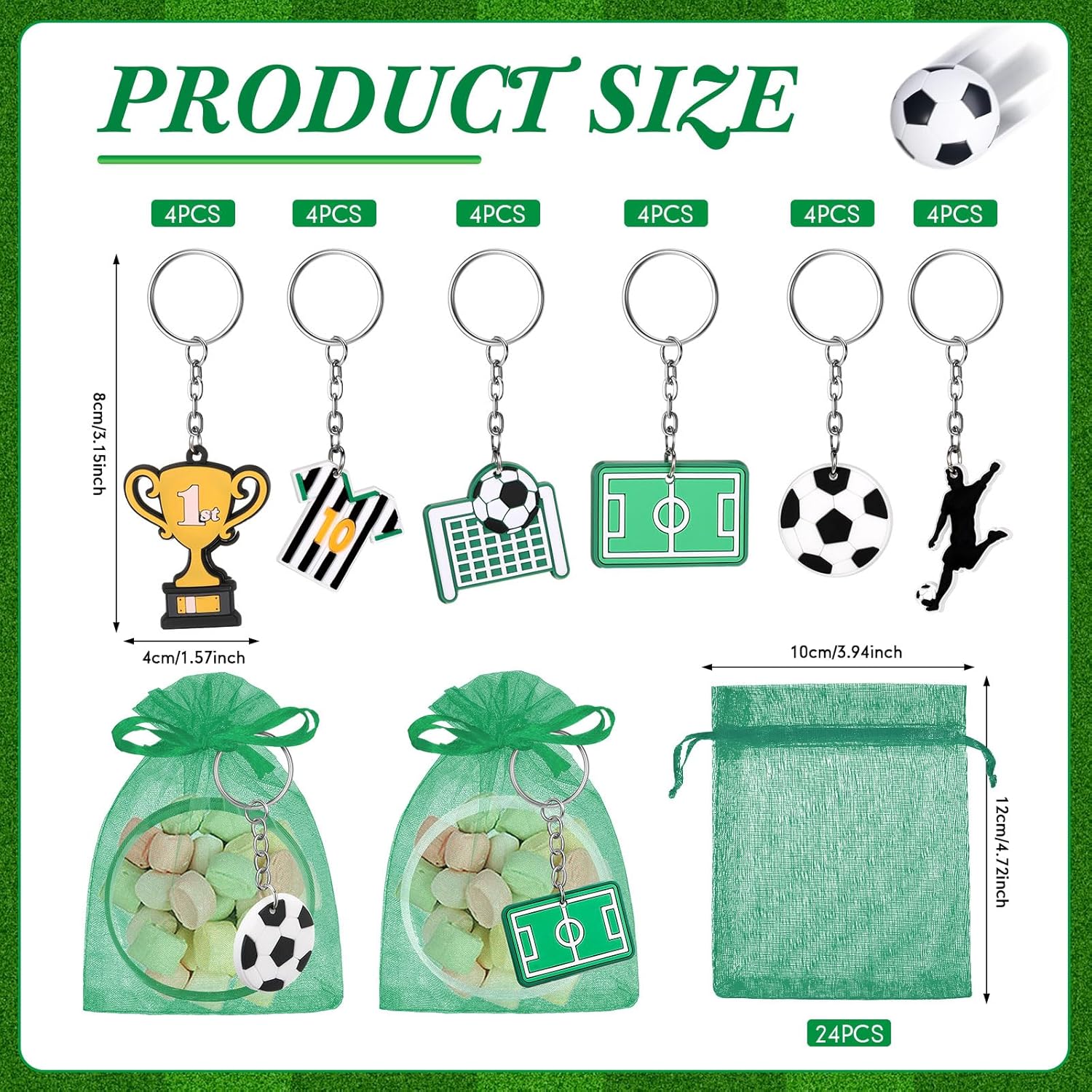 ShinyRelief 72 Pcs Soccer Party Favors Included 24 Soccer Bracelets, Keychains, and Organza Bags for for Sport Team Gifts Birthday Party Decorations - Image 4