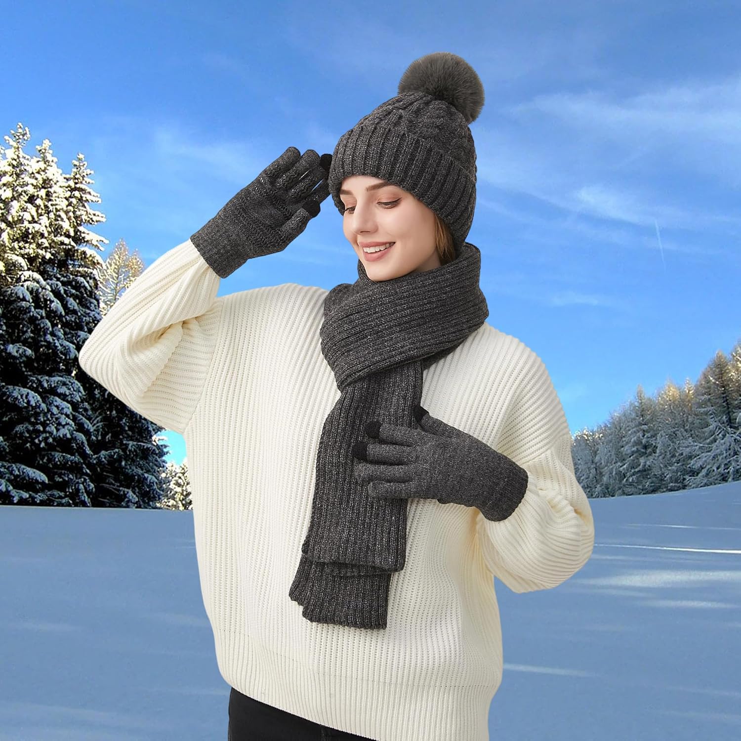 Women Winter Beanie Hat Circle Scarf Set Pompoms Peruvian Ski Snow Ear Flaps Cold Weather Warm Sherpa Knit Hats Fleece Lined - Image 9