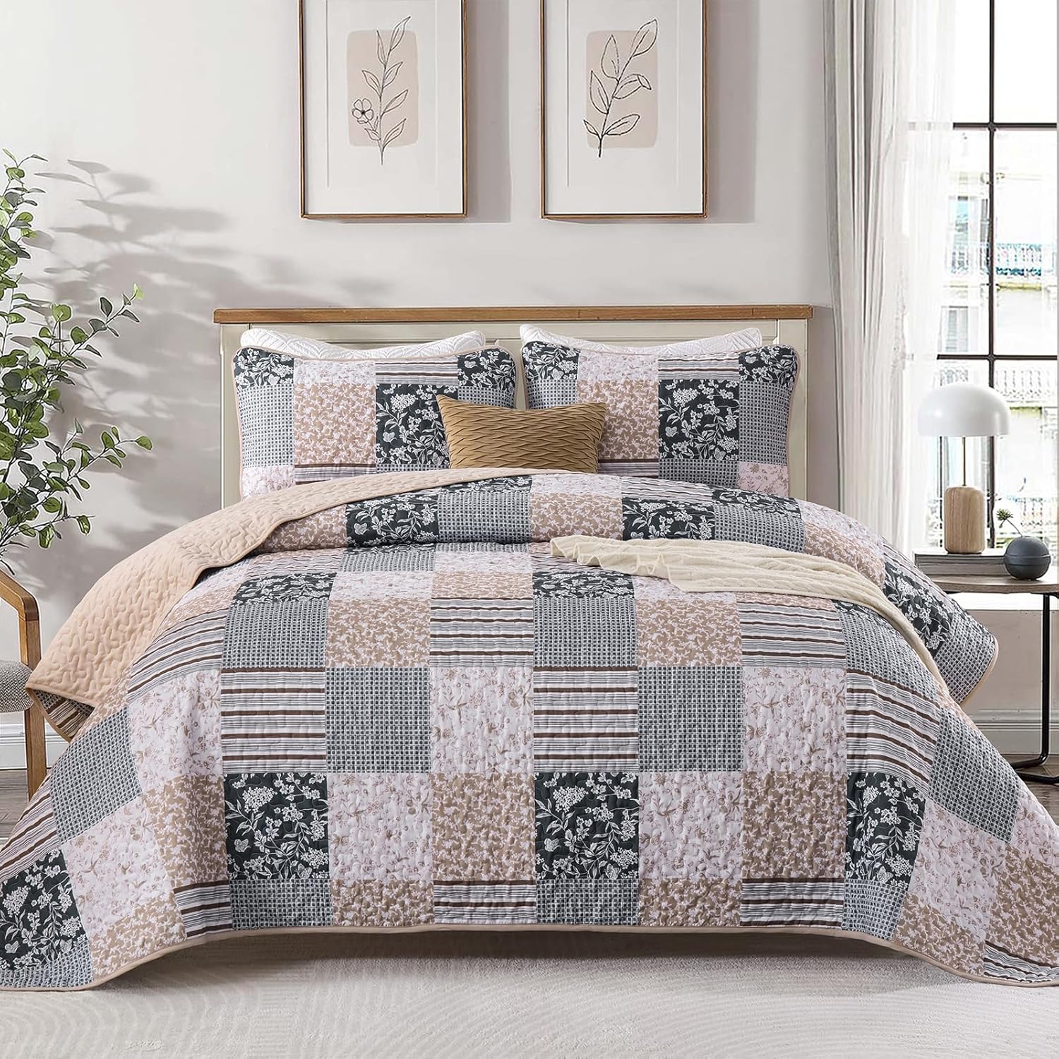 Mybedsoul Patchwork Quilt Set King Size, 3 Pieces Blue Brown Floral Plaid Bedspread Coverlet Set, Reversible Soft Microfiber Bedding Set for All Season, Fall Winter King 90"x104"