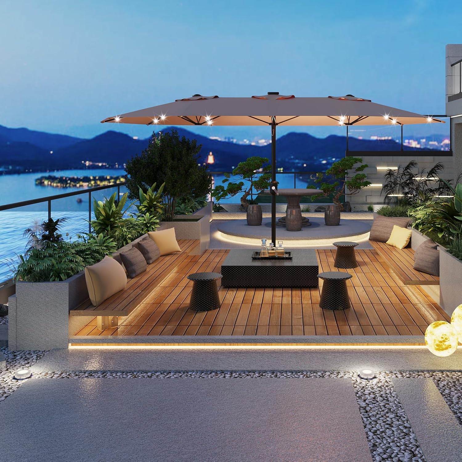 15FT Extra Large Patio Umbrella With Solar Lights - Oversized Double-Sided Market Umbrella With Base Included, Rectangular Outdoor Umbrella for Pool, Garden, Backyard, and Deck