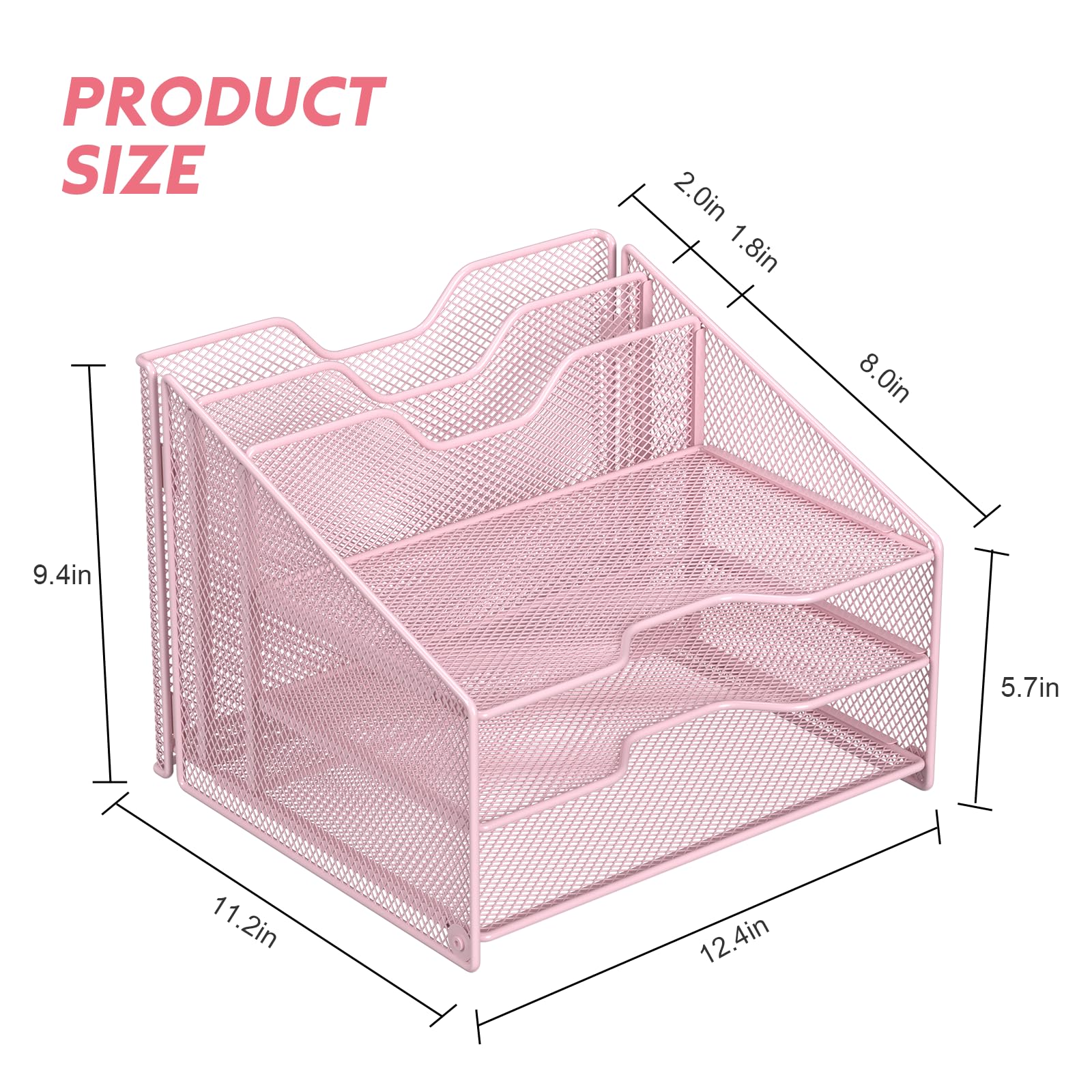 Samstar Pink Desk File Organizer, Mesh Letter File Folder Holder with 3 Paper Trays and 2 Vertical Upright Section, for Office Supplies, Desk Accessories & Workspace, Pink view 2