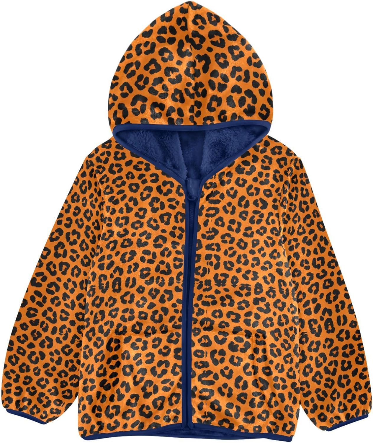 Orange Leopard Print Fleece Zip Up Jacket Winter Coat Children Navy Blue Baby Boys Clothes