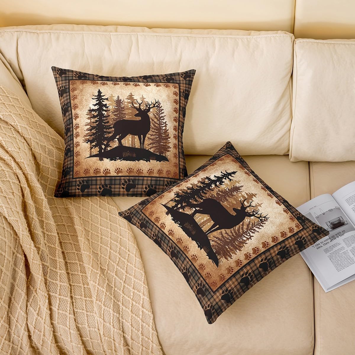 Wild Deer Throw Pillow Covers 22x22 Inch Set of 2 Jungle Pine Trees Cute Animal Paw Print Pillow Cases for Kids Teens Adults Retro Grid Rustic Farmhouse Style Cushion Covers for Couch Chairs Bed