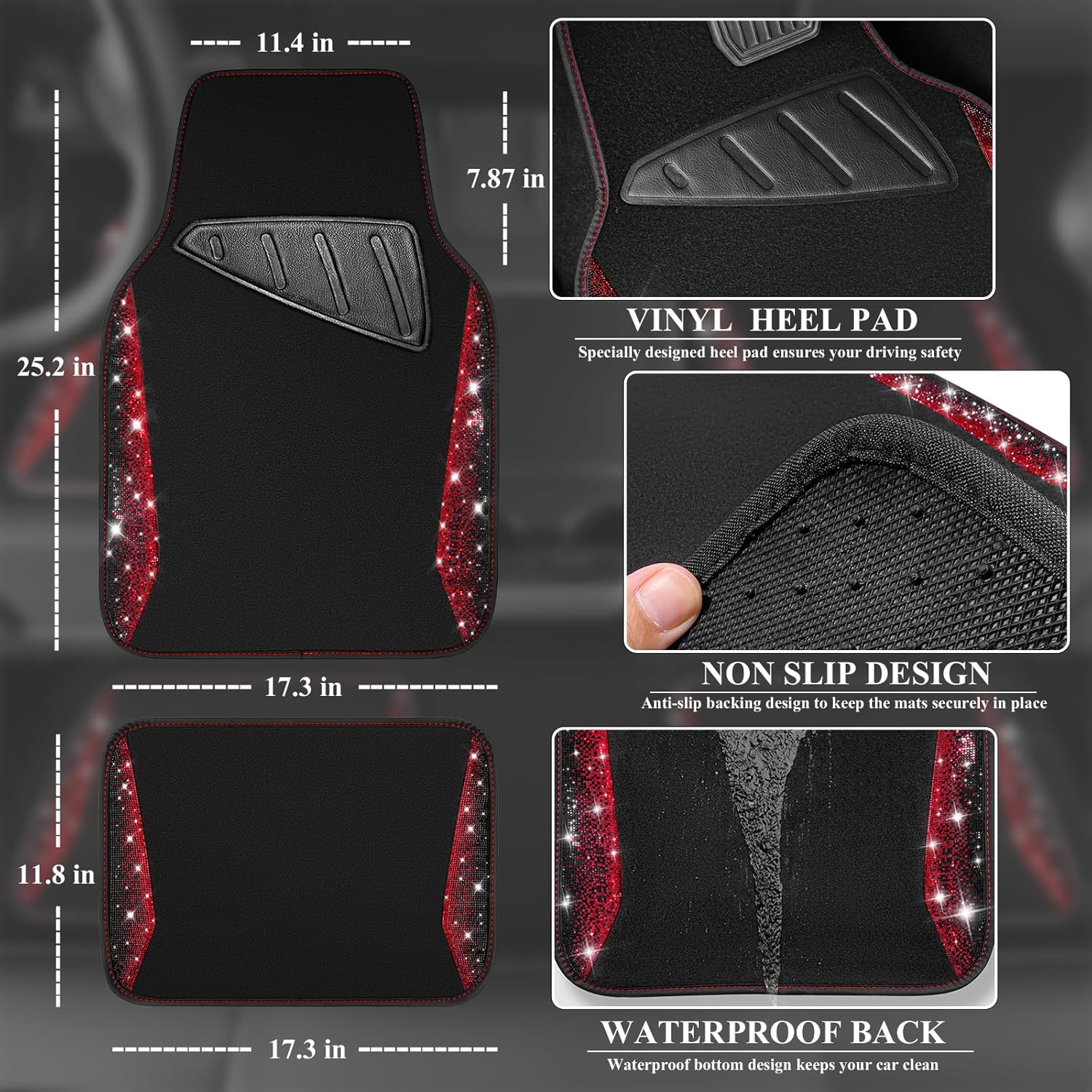CAR PASS Bling Diamond Car Floor Mat Shining Rhinestones Carpet, Sparkly Glitter Crystal Anti-Slip PVC Heel Pad Automotive Universal Fit for SUV Sedan Car Van, 4pcs for Girl Cute Women, Black Red - Image 4