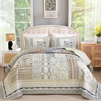 WONGS BEDDING Boho Quilt Set Full, 3 Pcs Beige Patchwork Bedspread Set
