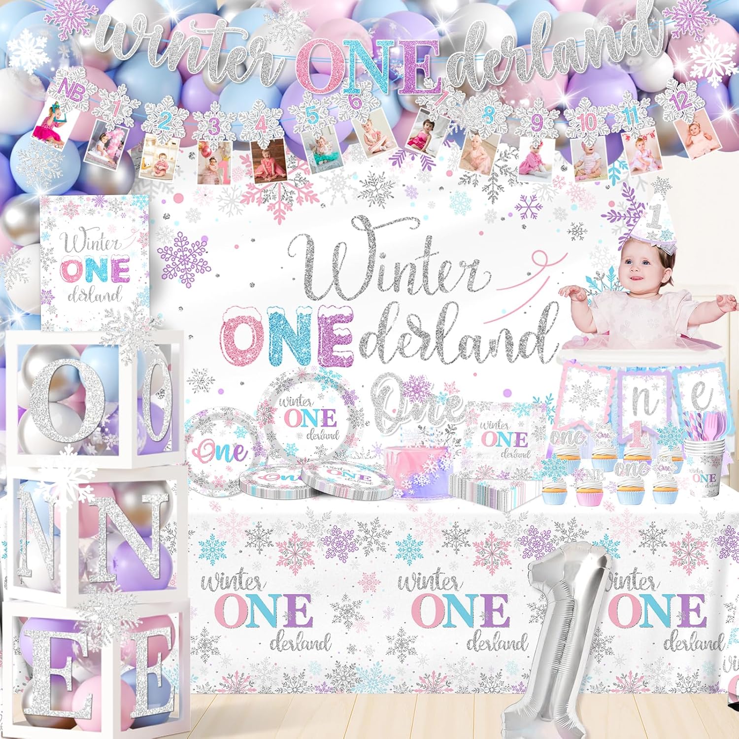 Winter Onederland 1st Birthday for Girl,Snowflake Party Decoration Include Plate,Napkin,Tablecloth,Banner,Balloon Arch First Birthday Decorations for Winter Onederland Snowflake Baby Girl（Purple）