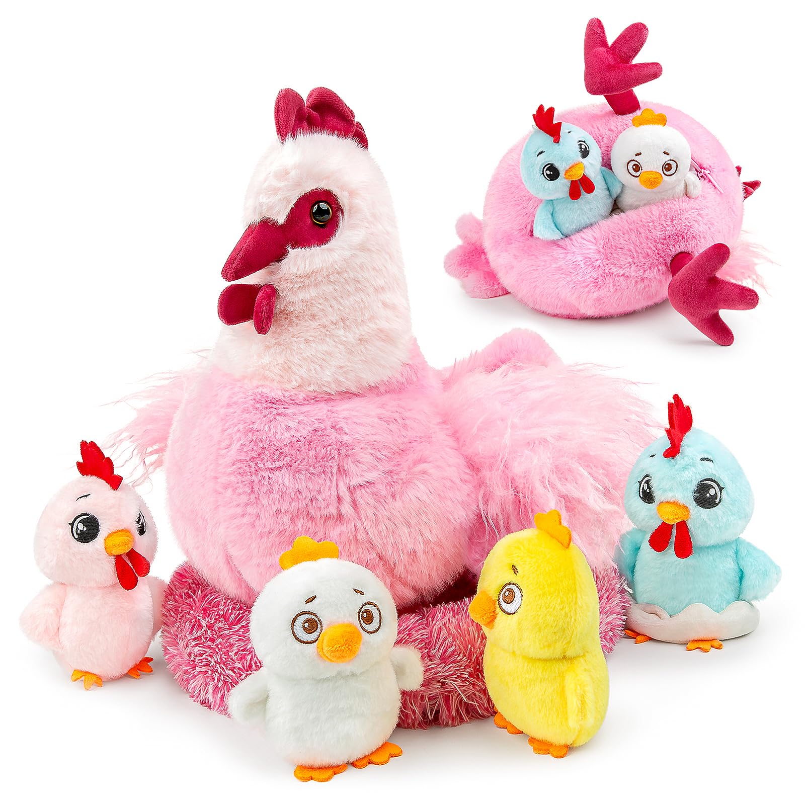 Mummy Hen Stuffed Animal with Zipper Belly, Farm Chicken Plush Toy Set Includes 4 Cute Baby Chicks, Interactive Surprise Nesting Hen Soft Plush Doll Birthday Educational Gift for Kids Boys Girls โ image 1