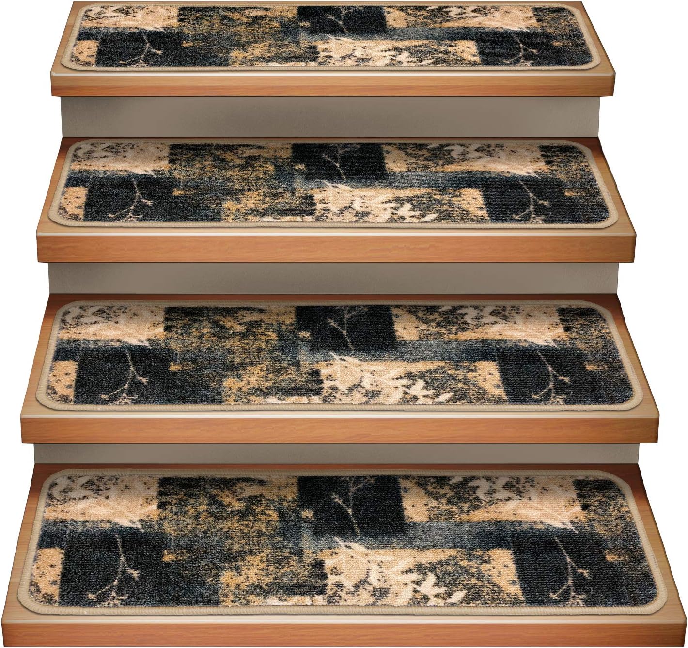 House, Home and More Set of 15 Attachable Indoor Carpet Stair Treads - Distressed Leaves – Faded Blue & Beige - 8 Inches X 26 Inches