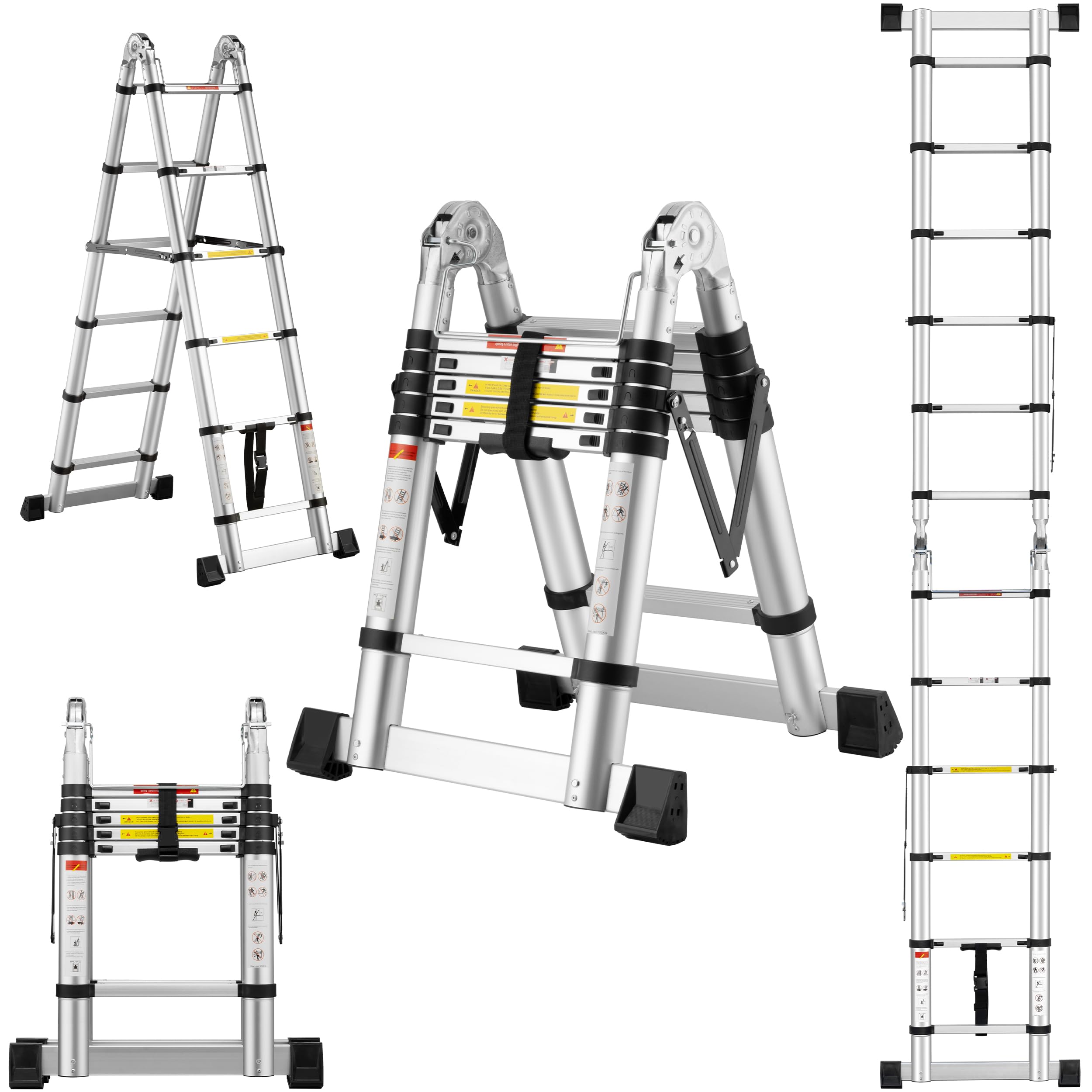 DEWINNER Escalera telescópica 3,8 m (1.9+1.9), Escalera Plegable 2 en 1, Escalera de Aluminio con Ganchos para Uso Interior y Exterior, Carga máxima de 150 kg, Color Plateado