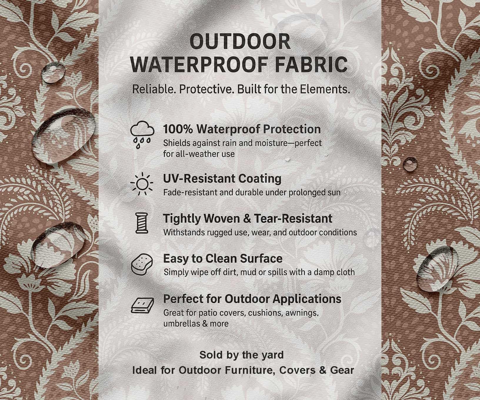Soimoi Tela impermeable con estampado floral | Material para exteriores por 10 metros | Resistente al desgarro y a los rayos UV | Ideal para bolsos, ropa impermeable, funda, cortinas y toldos - Marrón