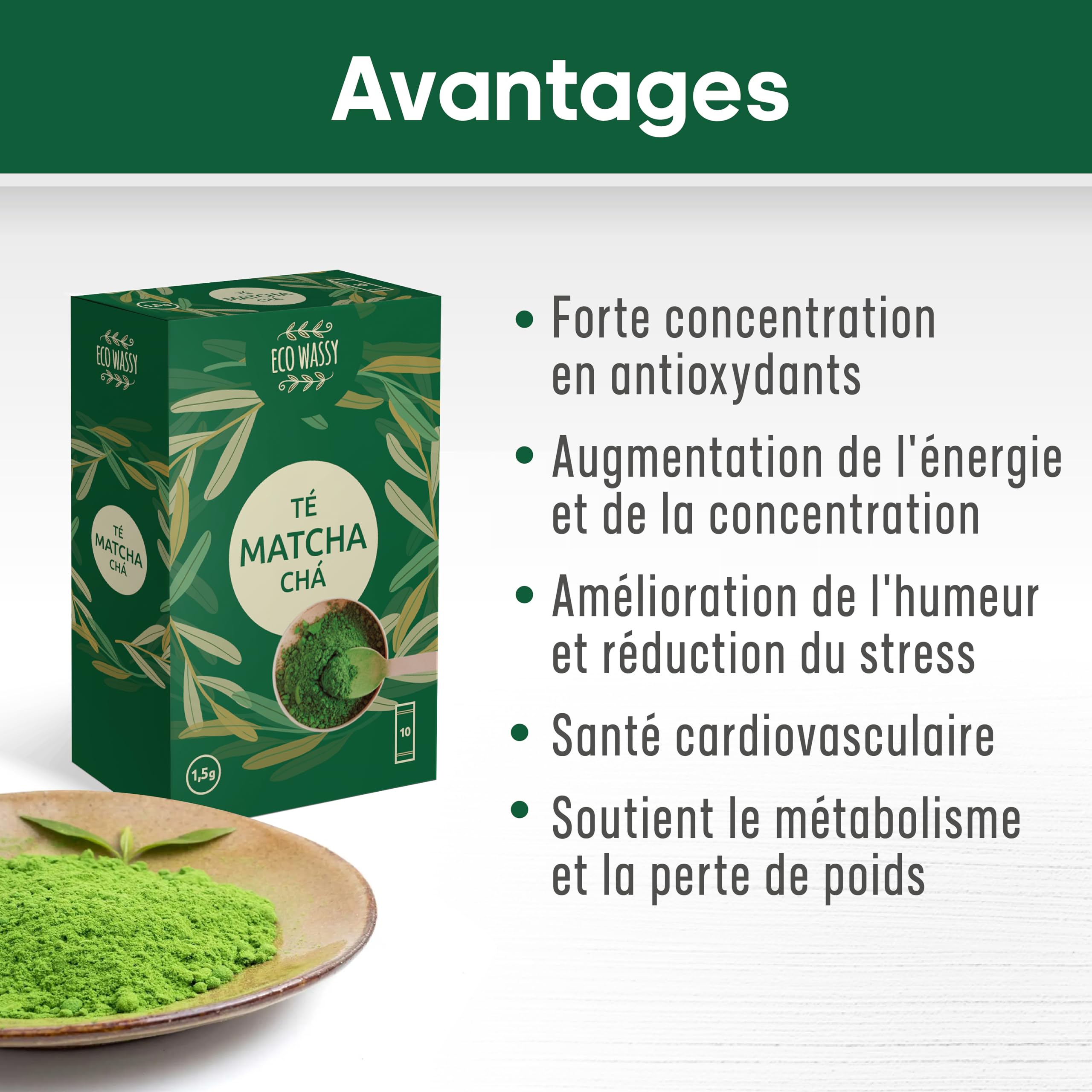 Thé Matcha JAPONAIS certifié. 50 doses de qualité CÉRÉMONIELLE. 50 bâtonnets individuels, pour un transport facile. Poudre de Matcha 100% naturelle.