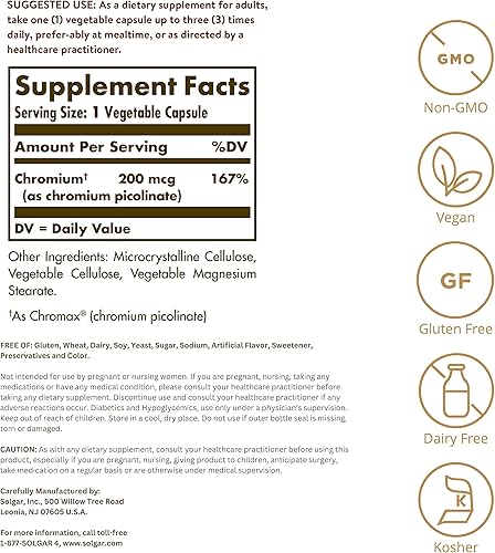Miniatura 2 de Solgar Picolinato de cromo de 200 mcg, 180 cápsulas vegetales - Apoya el metabolismo saludable del azúcar en la sangre - Sin OMG, vegano, sin