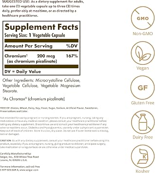 Solgar Chromium Picolinate 200 mcg, 180 Vegetable Capsules - Supports Healthy Blood Sugar Metabolism - Non-GMO, Vegan, Gluten Free, Dairy Free, Kosher - 180 Servings